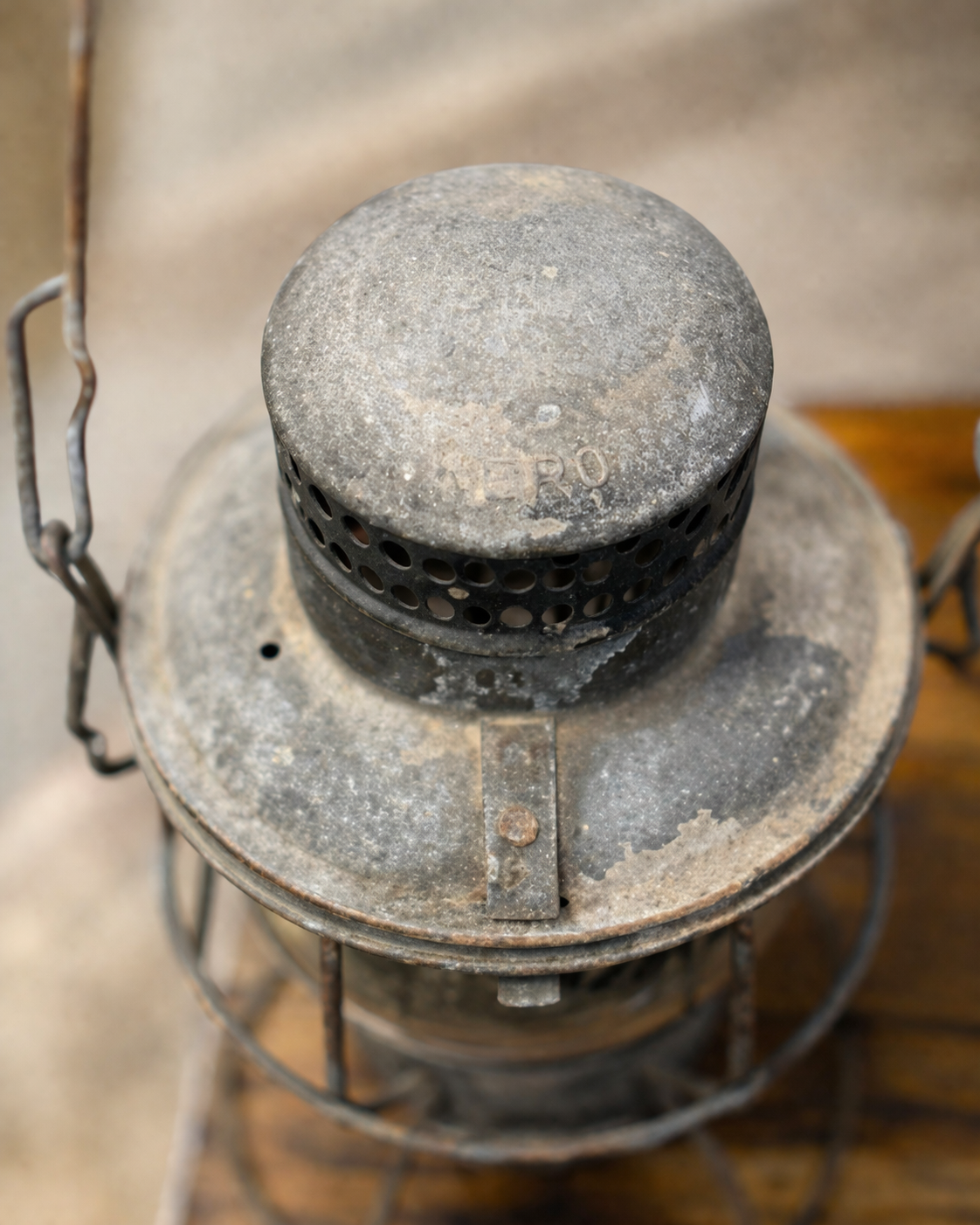 antique metal railroad lantern close up vintage lighting detail