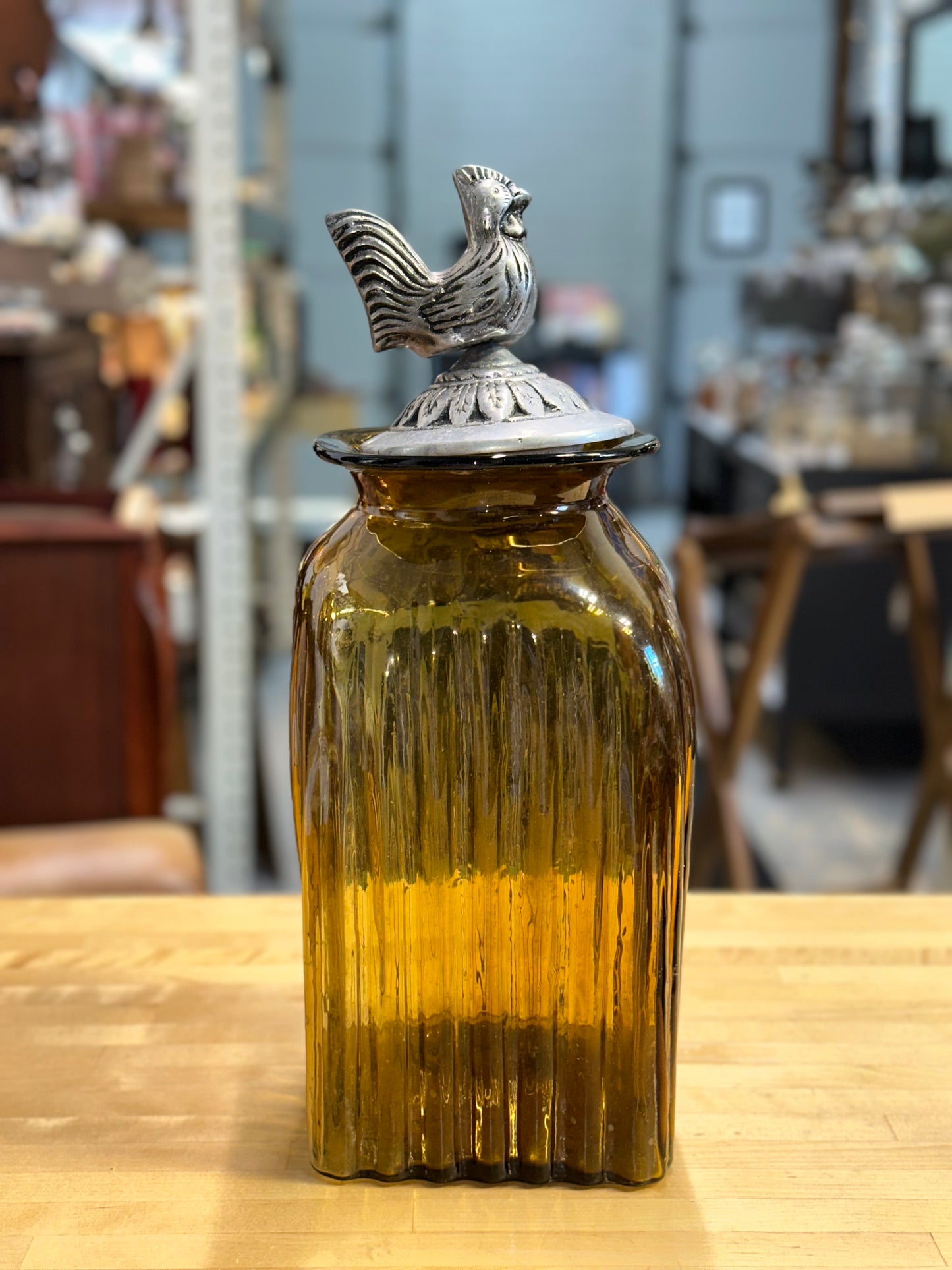 Two Antique Rooster Canister Glass