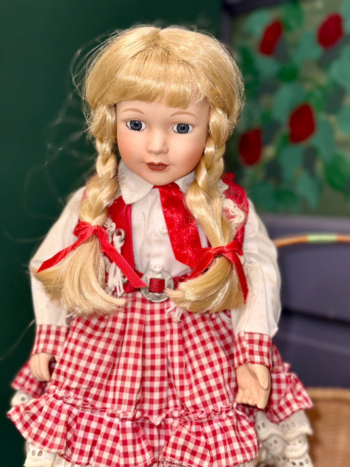 Vintage Porcelain Cowgirl Doll – Red Gingham Dress, Braided Hair, Western Boots