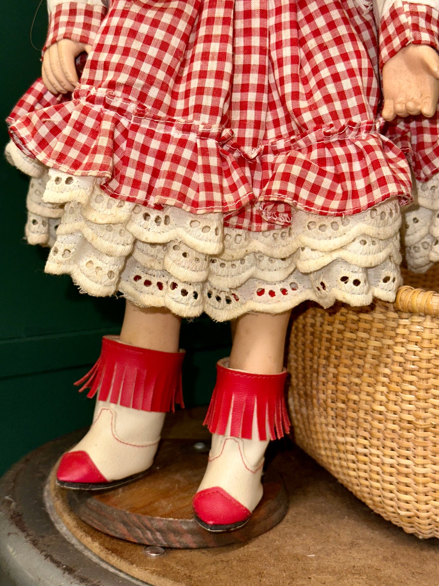 Vintage Porcelain Cowgirl Doll – Red Gingham Dress, Braided Hair, Western Boots