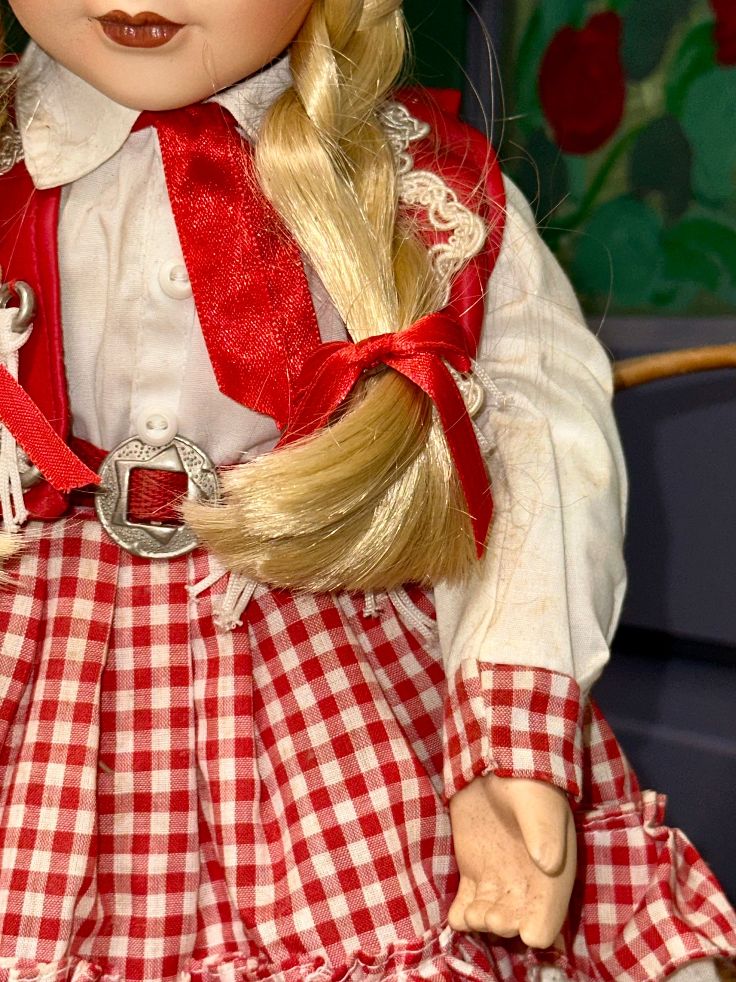 Vintage Porcelain Cowgirl Doll – Red Gingham Dress, Braided Hair, Western Boots