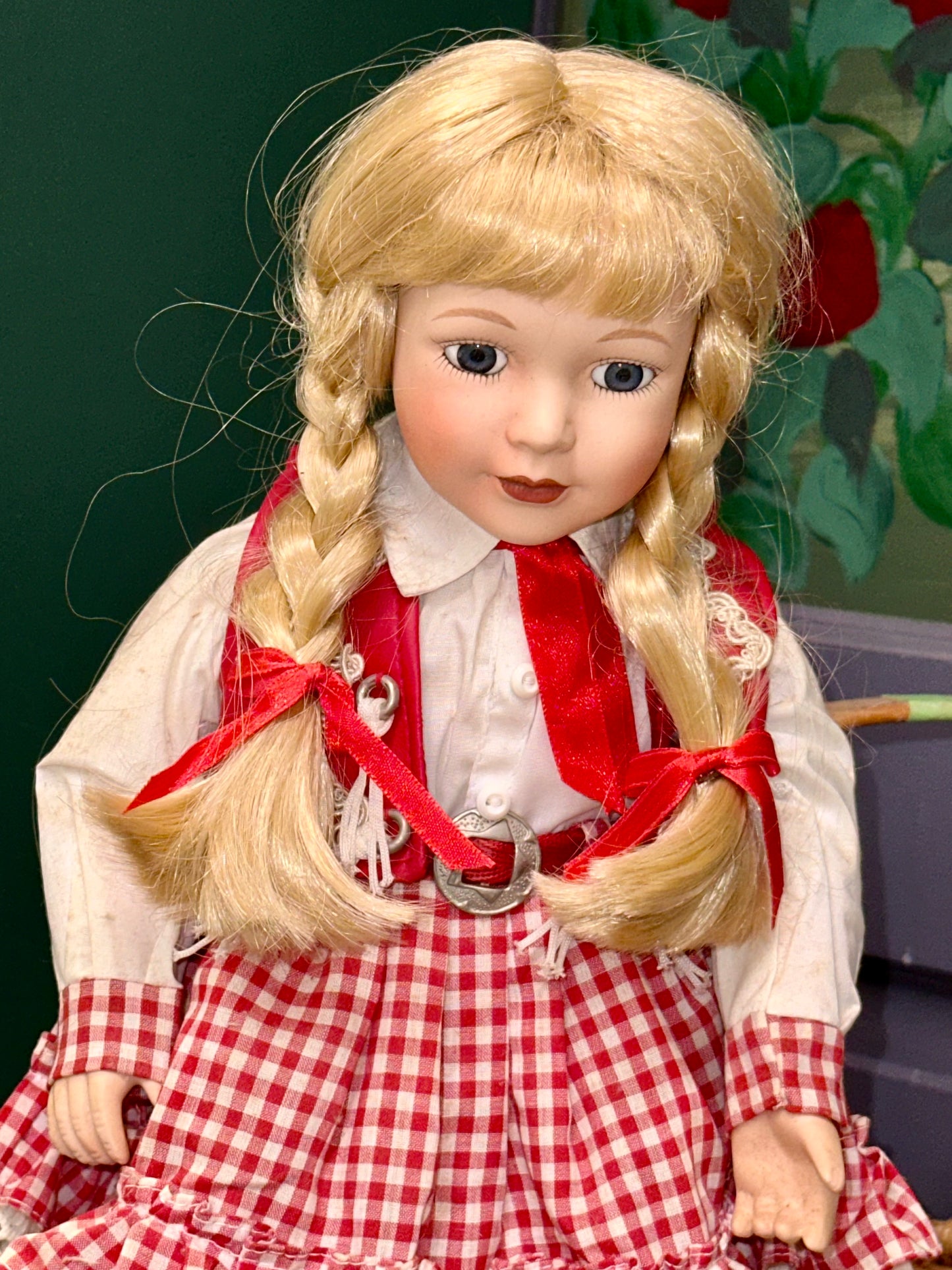 Vintage Porcelain Cowgirl Doll – Red Gingham Dress, Braided Hair, Western Boots