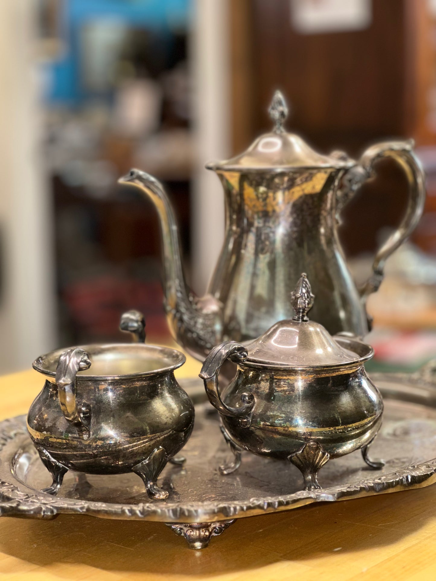 Vintage EPCA Bristol Silverplate 4-Piece Tea Set with Ornate Tray – Teapot, Sugar Bowl, Creamer & Serving Tray