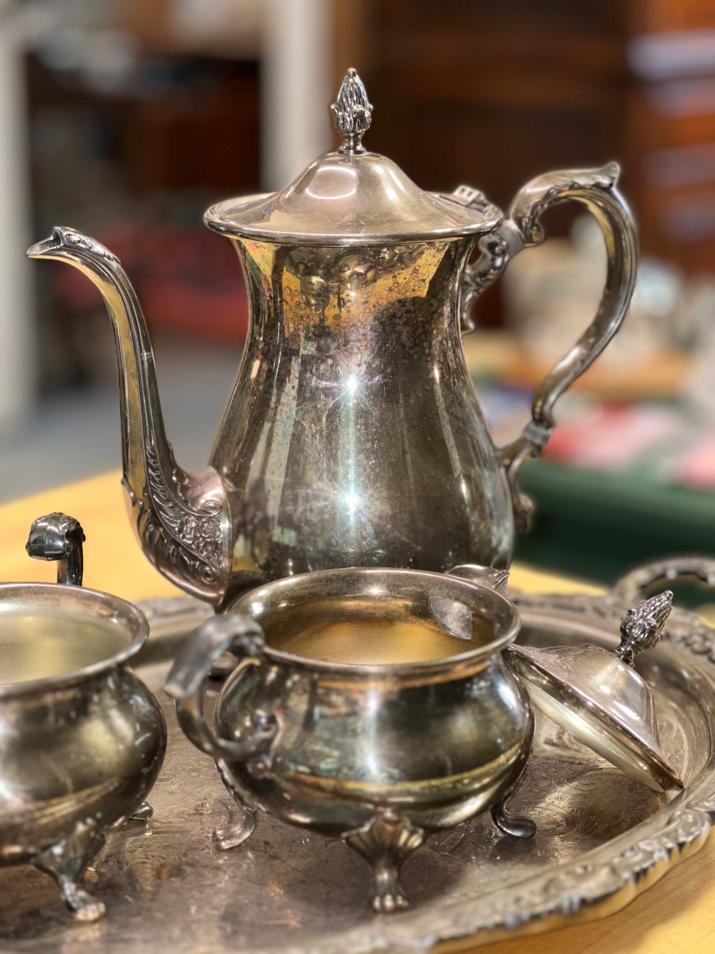 Vintage EPCA Bristol Silverplate 4-Piece Tea Set with Ornate Tray – Teapot, Sugar Bowl, Creamer & Serving Tray