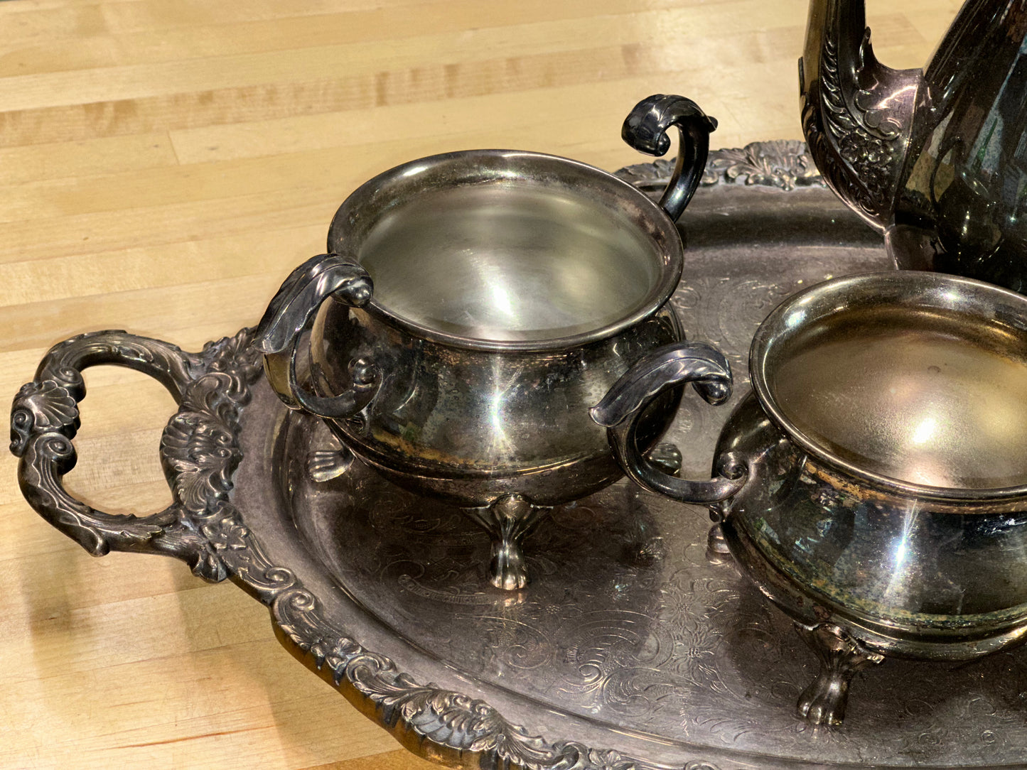 Vintage EPCA Bristol Silverplate 4-Piece Tea Set with Ornate Tray – Teapot, Sugar Bowl, Creamer & Serving Tray