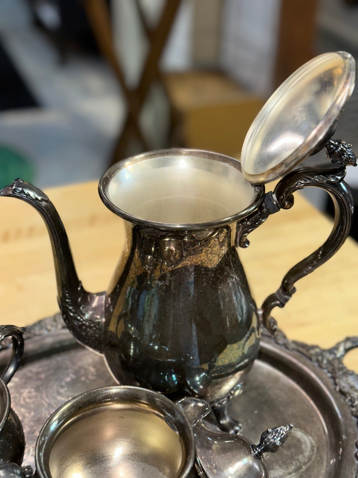Vintage EPCA Bristol Silverplate 4-Piece Tea Set with Ornate Tray – Teapot, Sugar Bowl, Creamer & Serving Tray