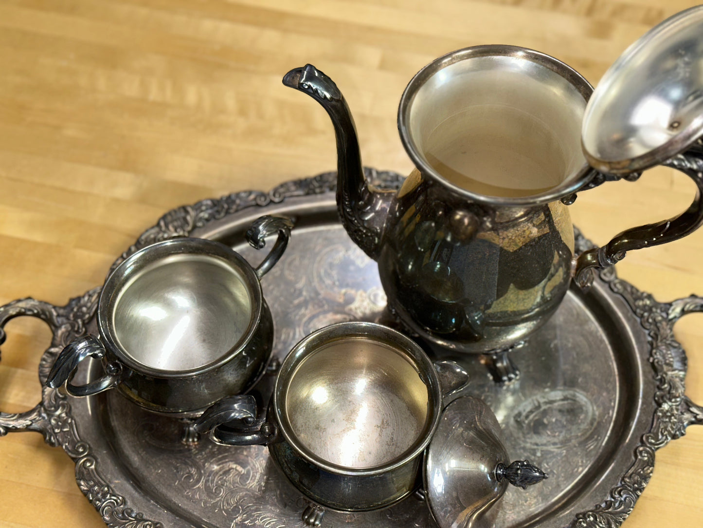 Vintage EPCA Bristol Silverplate 4-Piece Tea Set with Ornate Tray – Teapot, Sugar Bowl, Creamer & Serving Tray