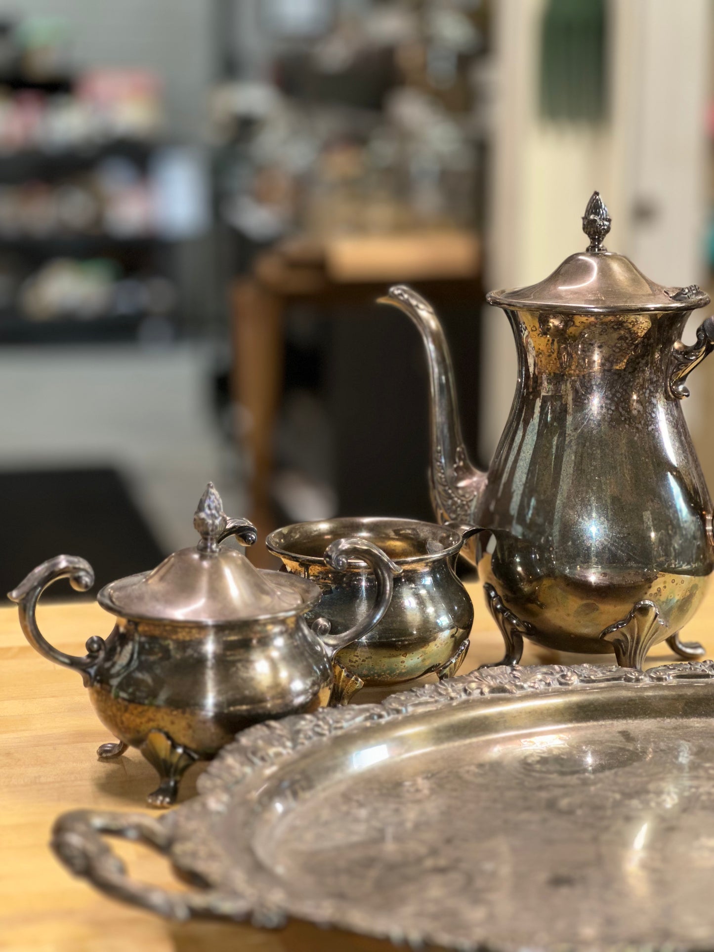 Vintage EPCA Bristol Silverplate 4-Piece Tea Set with Ornate Tray – Teapot, Sugar Bowl, Creamer & Serving Tray