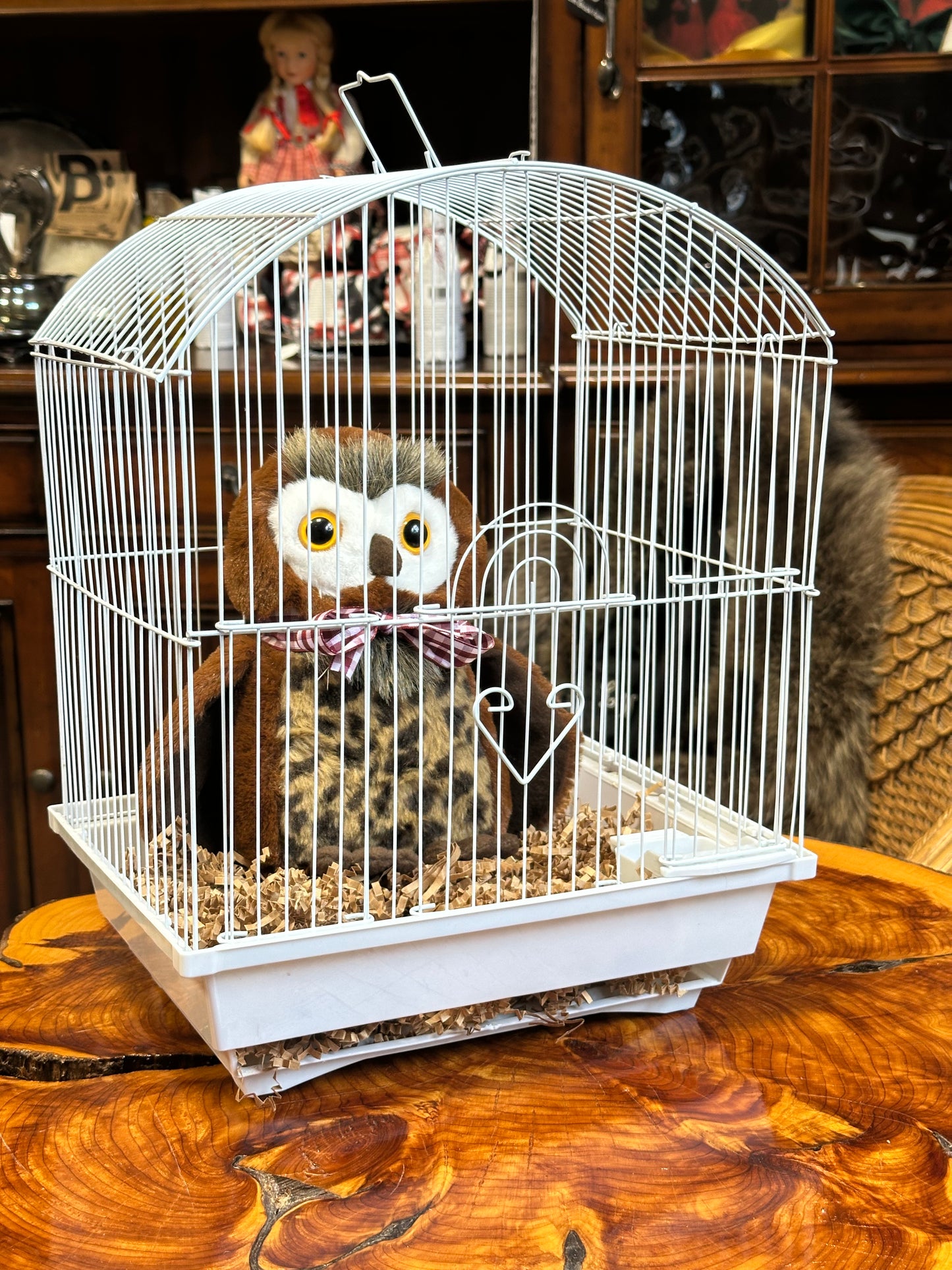 "Terrance" Owl Plush Toy in Retro Birdcage - Vintage-Style Home Decor