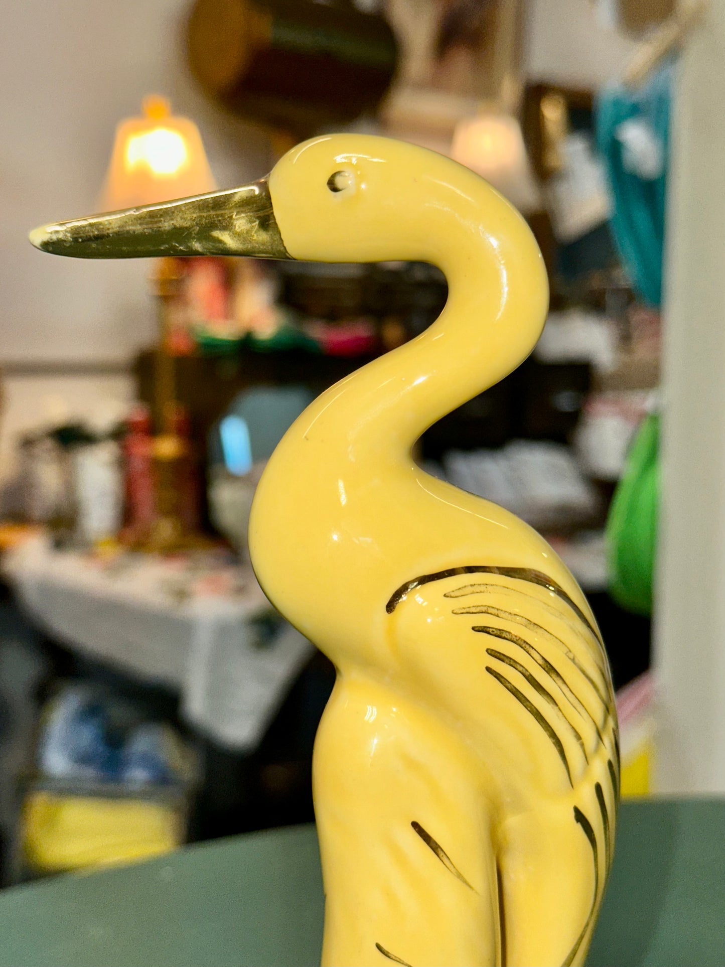 Vintage Yellow Ceramic Crane Figurine with Gold Accents