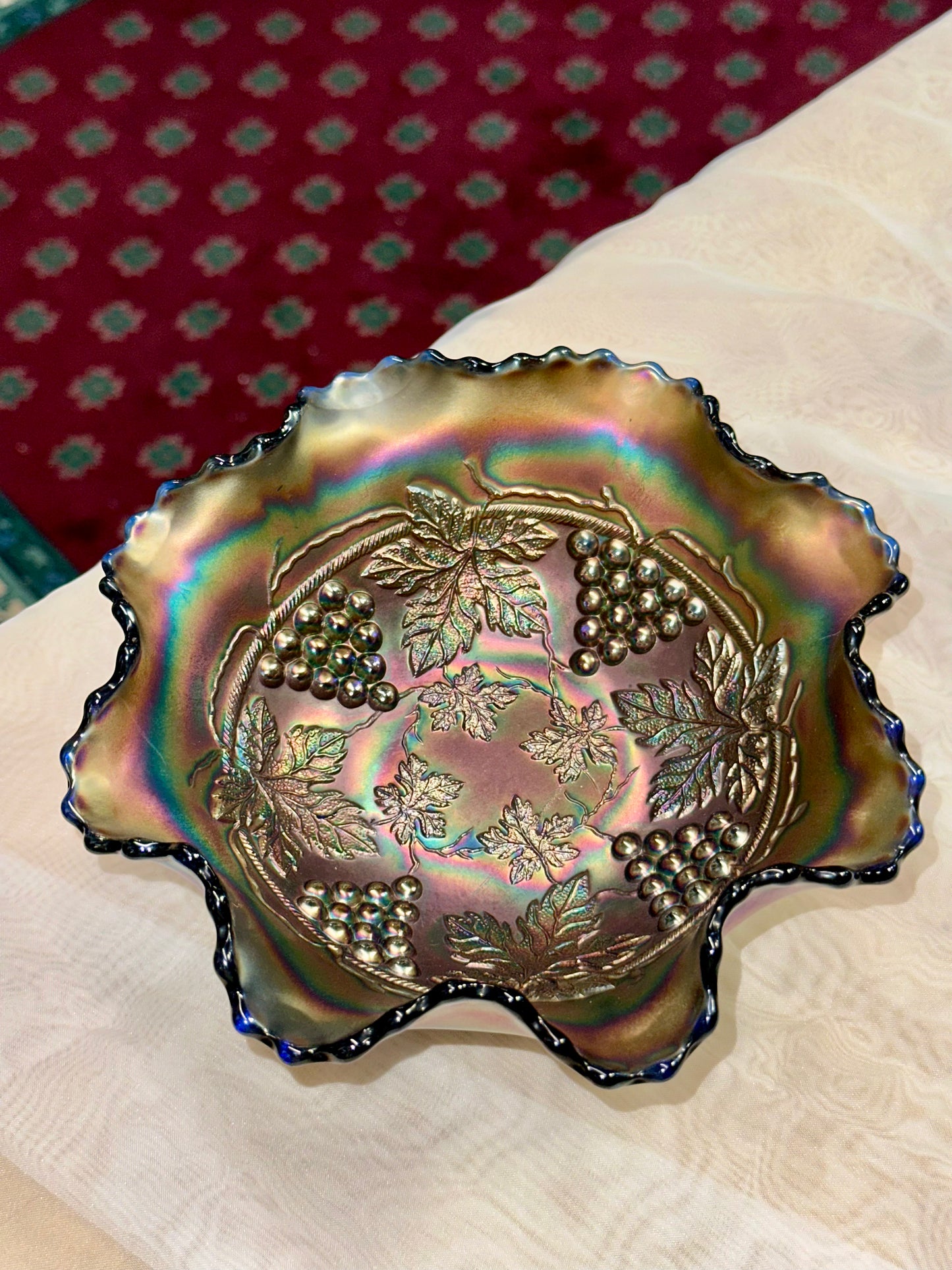 Vintage Carnival Glass Compote Dish – Grape & Leaf Pattern