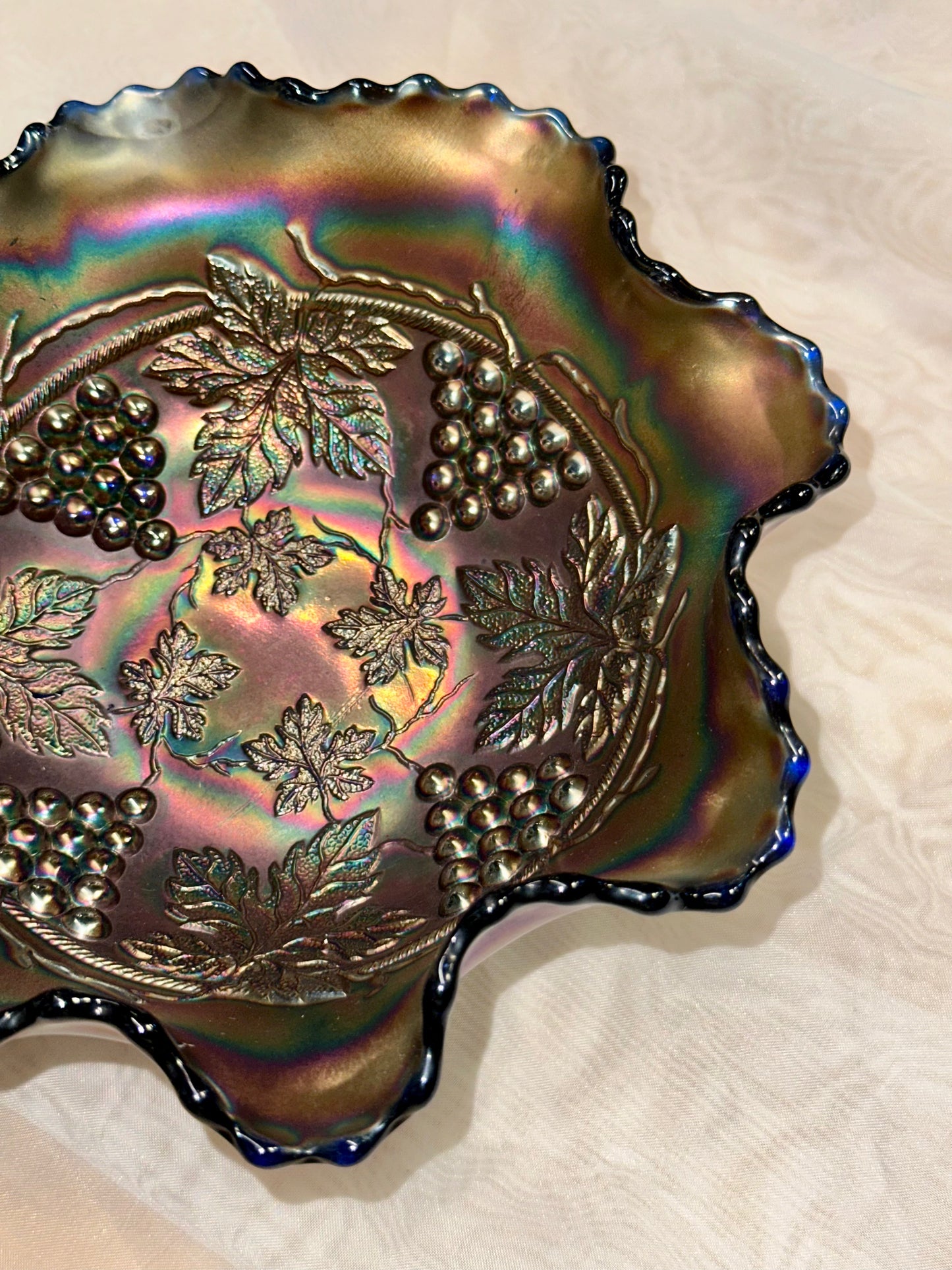 Vintage Carnival Glass Compote Dish – Grape & Leaf Pattern