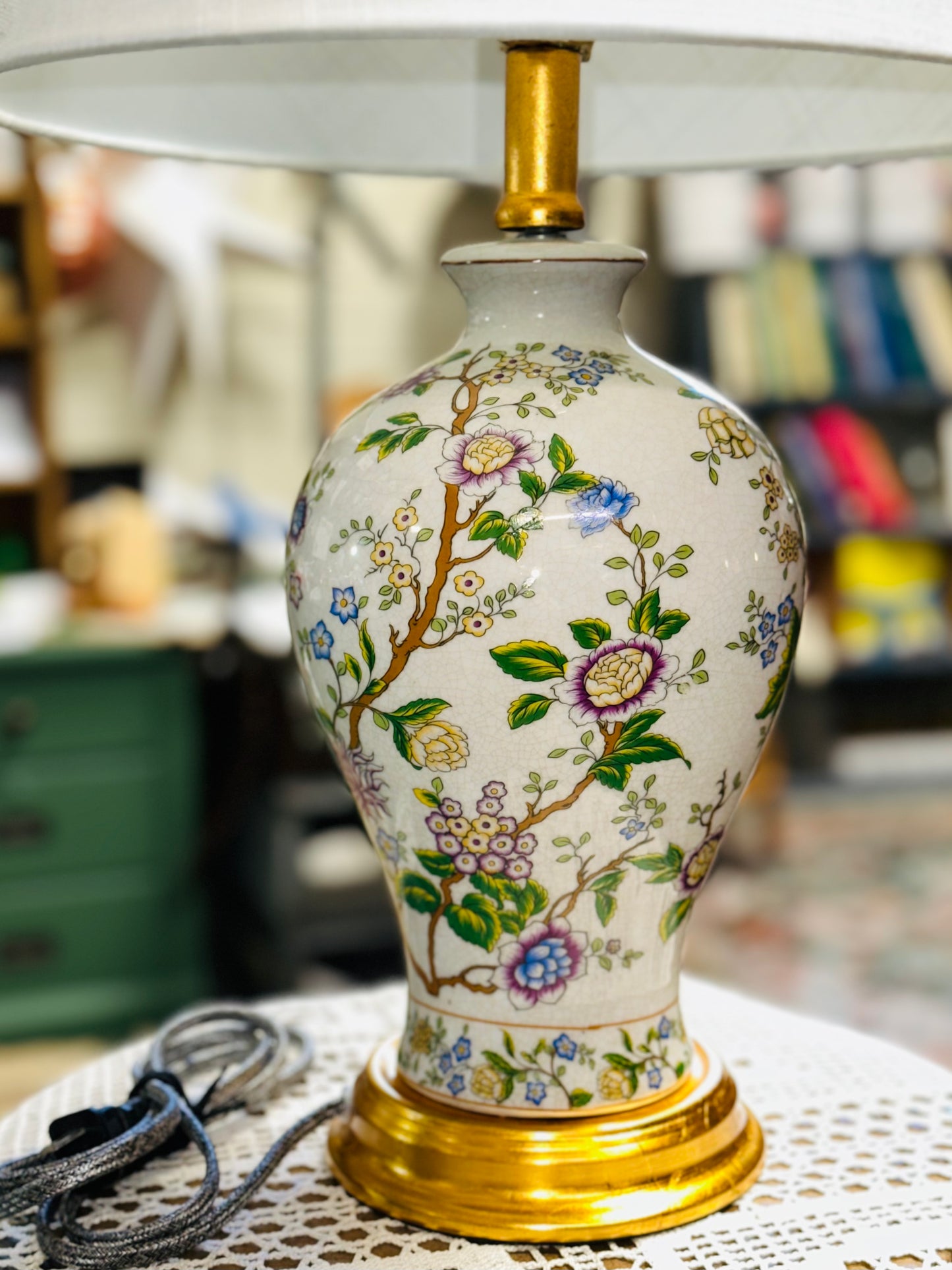 Vintage Floral Porcelain Table Lamp with Gold Base