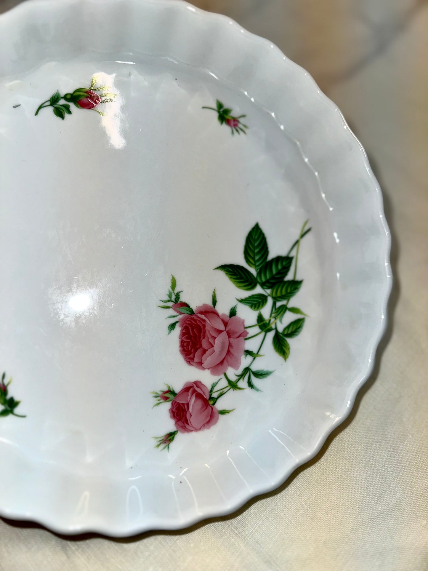 Vintage Porcelain Tart Dish with Pink Rose Design