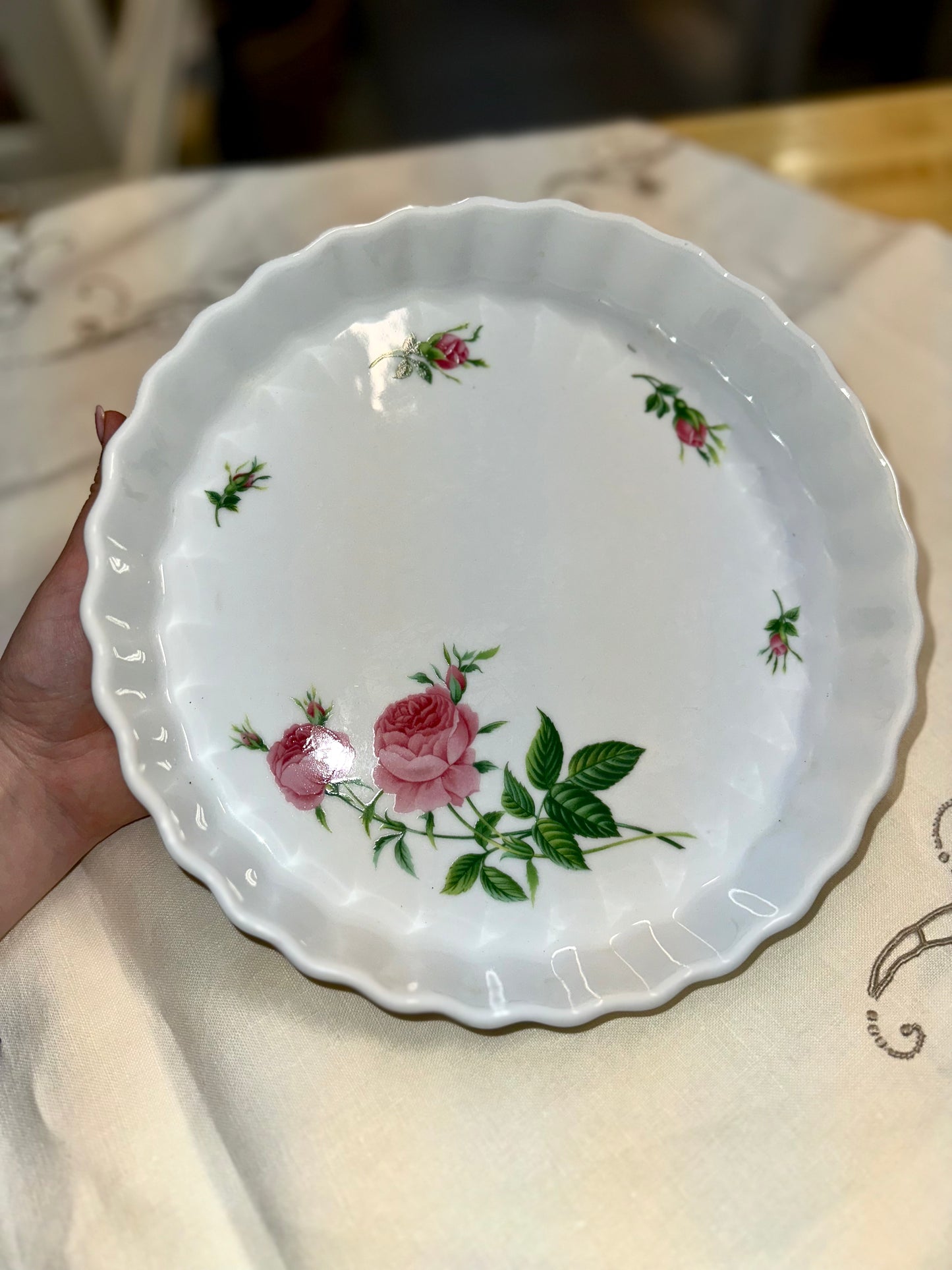 Vintage Porcelain Tart Dish with Pink Rose Design
