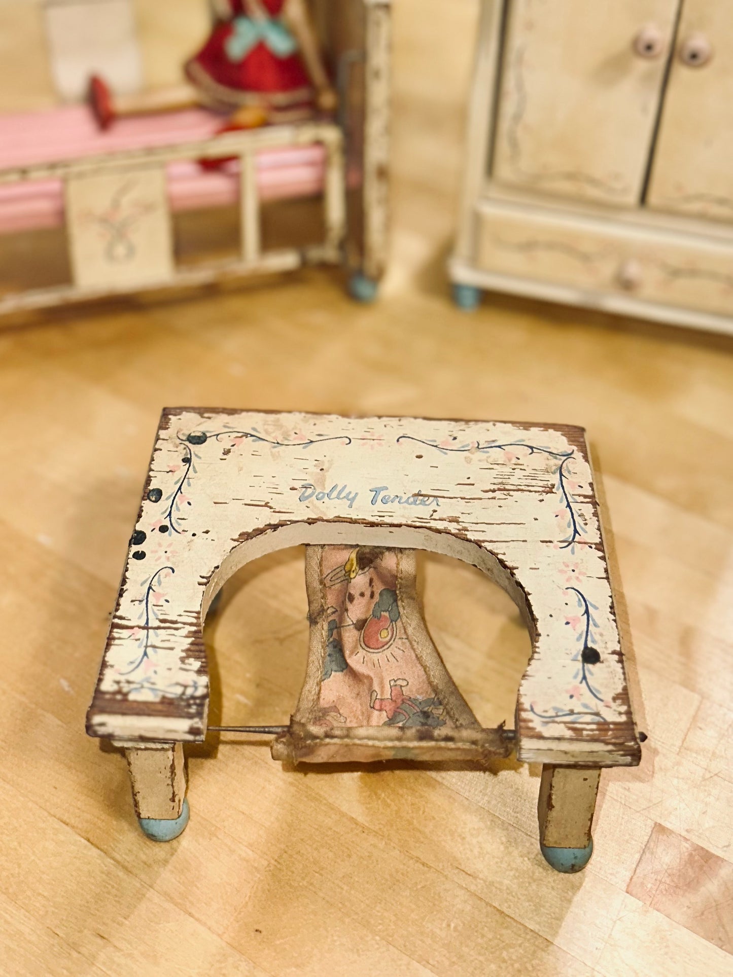 Vintage 1940s Wooden Doll Furniture Set – “Dolly’s Room” (Crib, Wardrobe & High Chair with Doll)