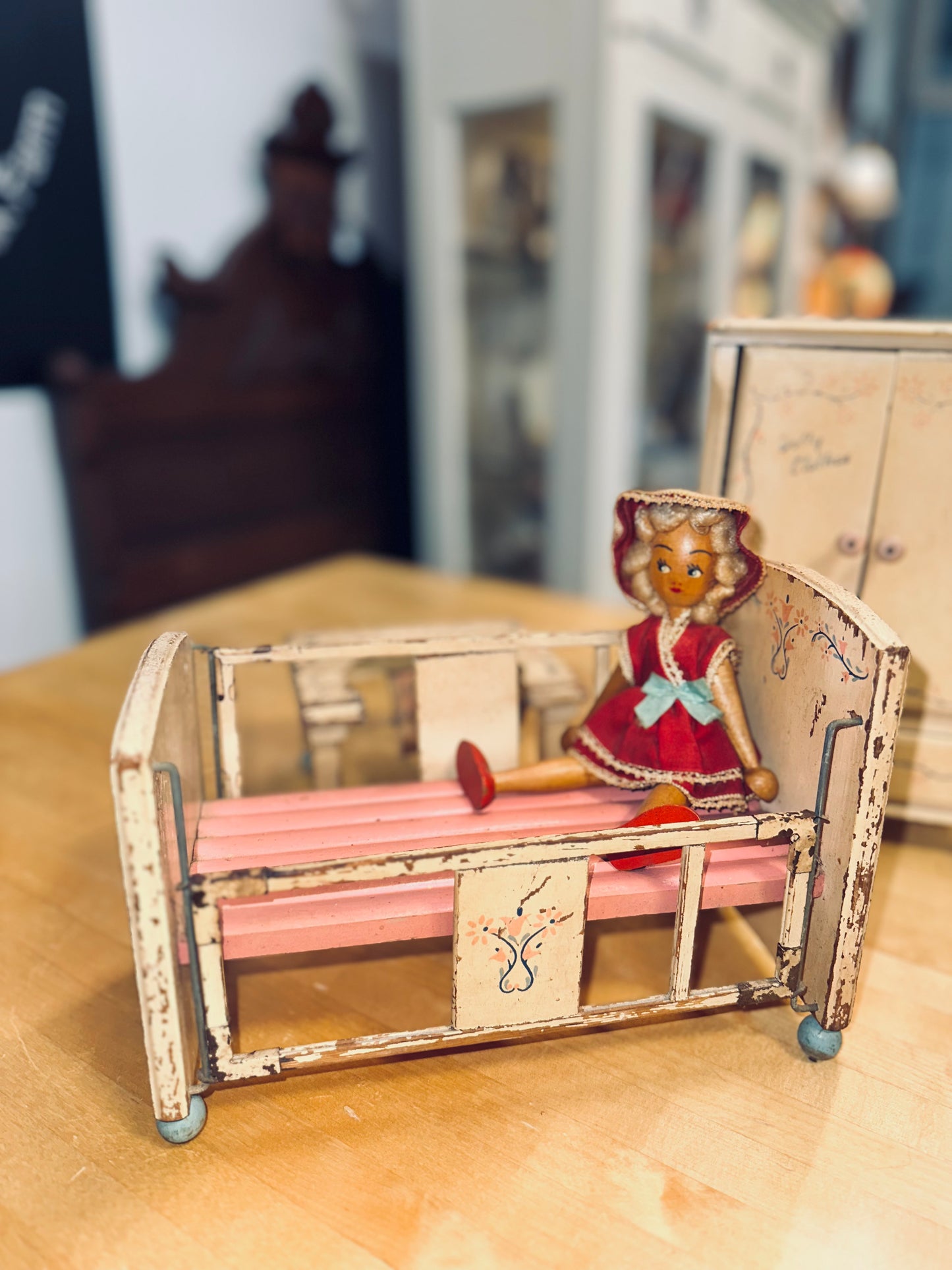 Vintage 1940s Wooden Doll Furniture Set – “Dolly’s Room” (Crib, Wardrobe & High Chair with Doll)