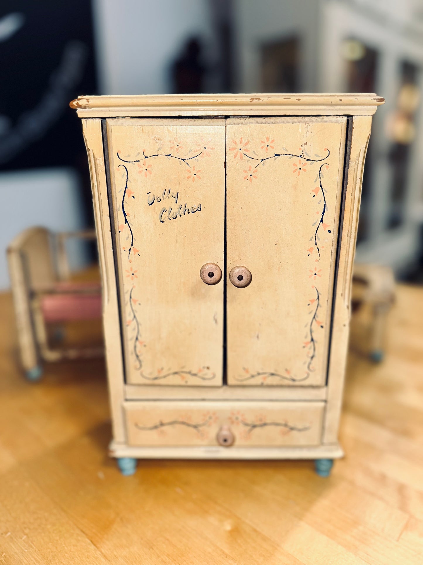 Vintage 1940s Wooden Doll Furniture Set – “Dolly’s Room” (Crib, Wardrobe & High Chair with Doll)
