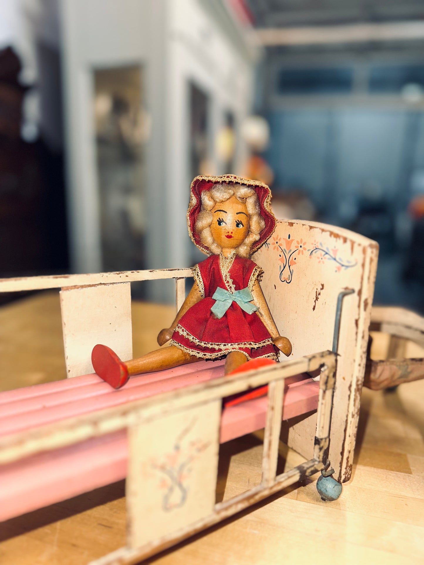 Vintage 1940s Wooden Doll Furniture Set – “Dolly’s Room” (Crib, Wardrobe & High Chair with Doll)
