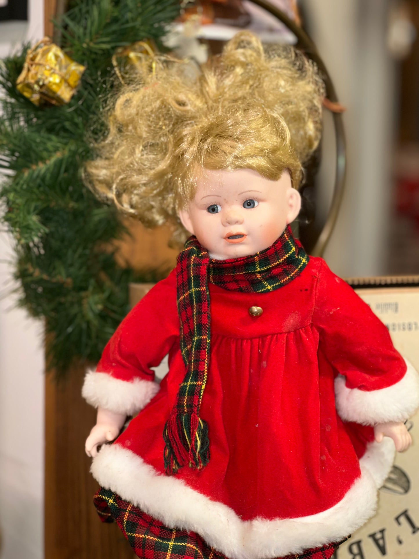 Vintage Porcelain Christmas Girl Doll – Red Holiday Dress & Plaid Trim
