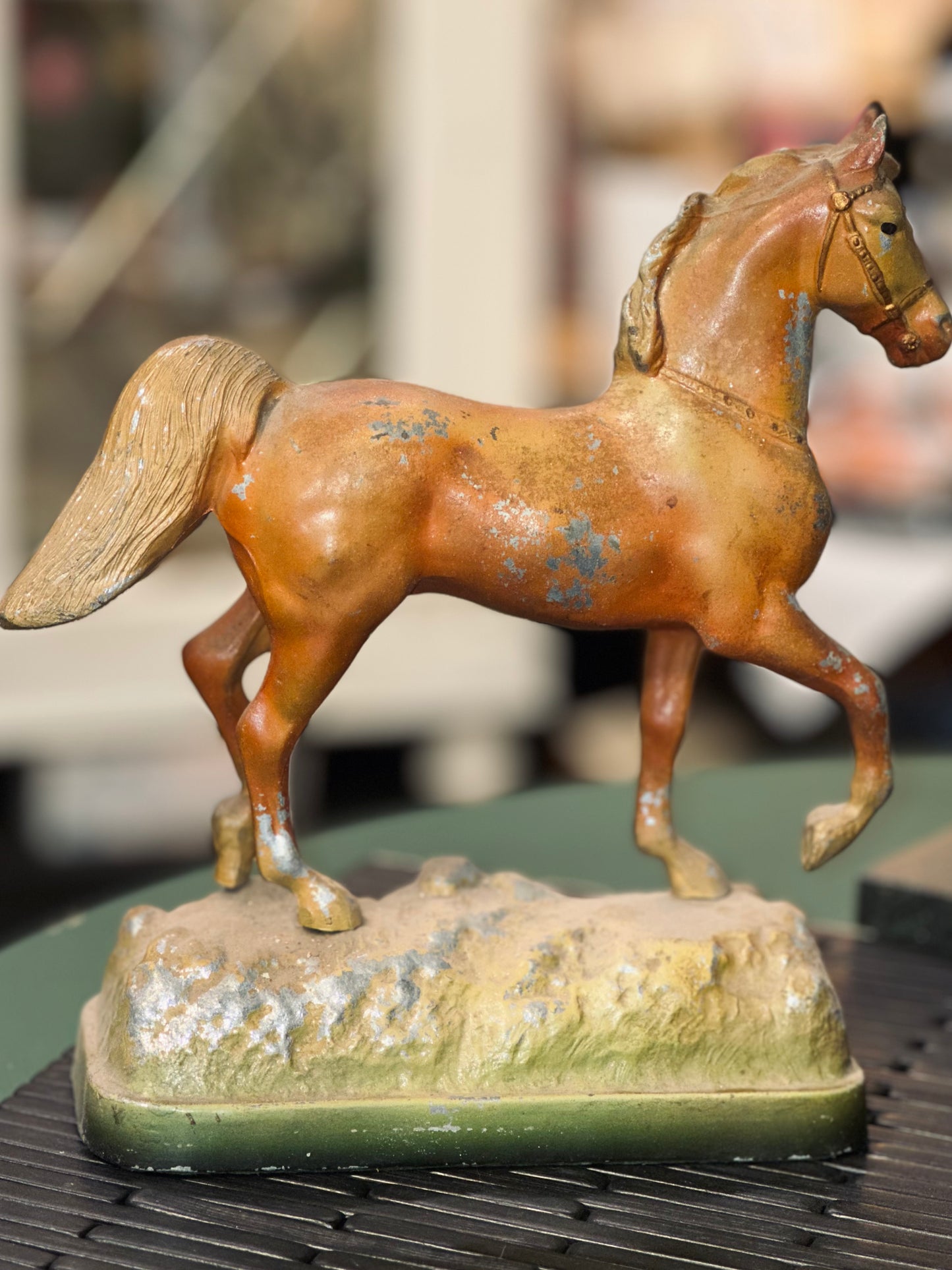 Vintage Cast Metal Prancing Horse Figurine – Painted Spelter, Early–Mid 20th Century