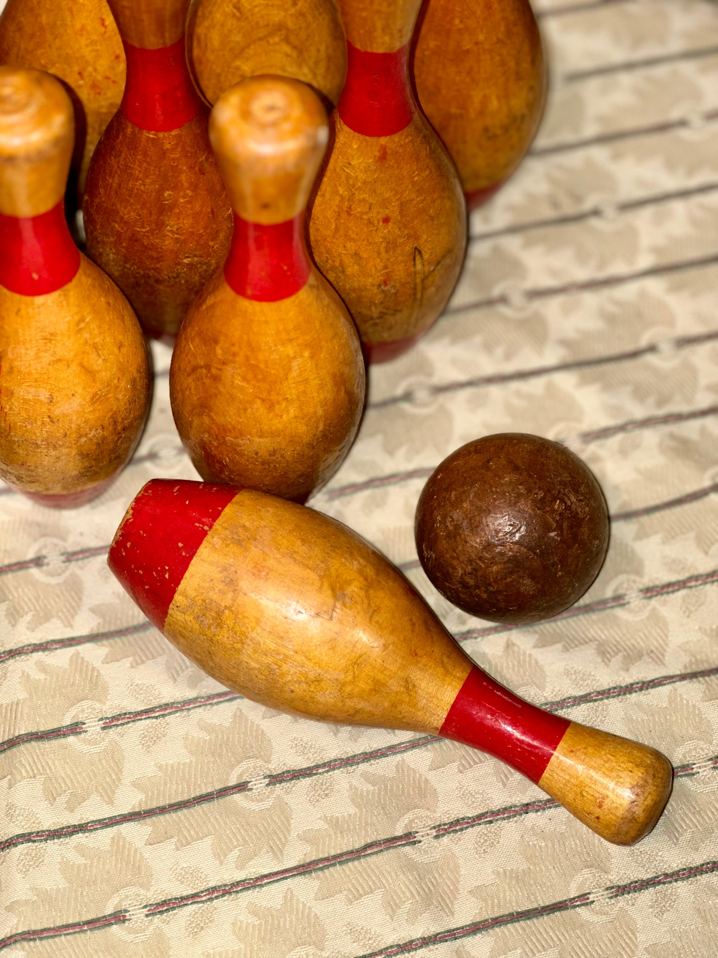 Nostalgic wooden bowling set vintage decor game room display