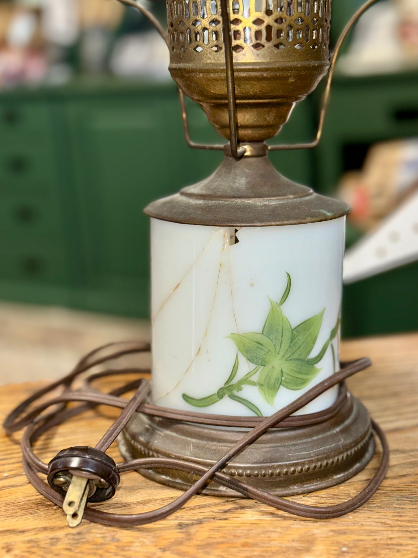 Vintage Milk Glass Hurricane Lamp Ivy Pattern