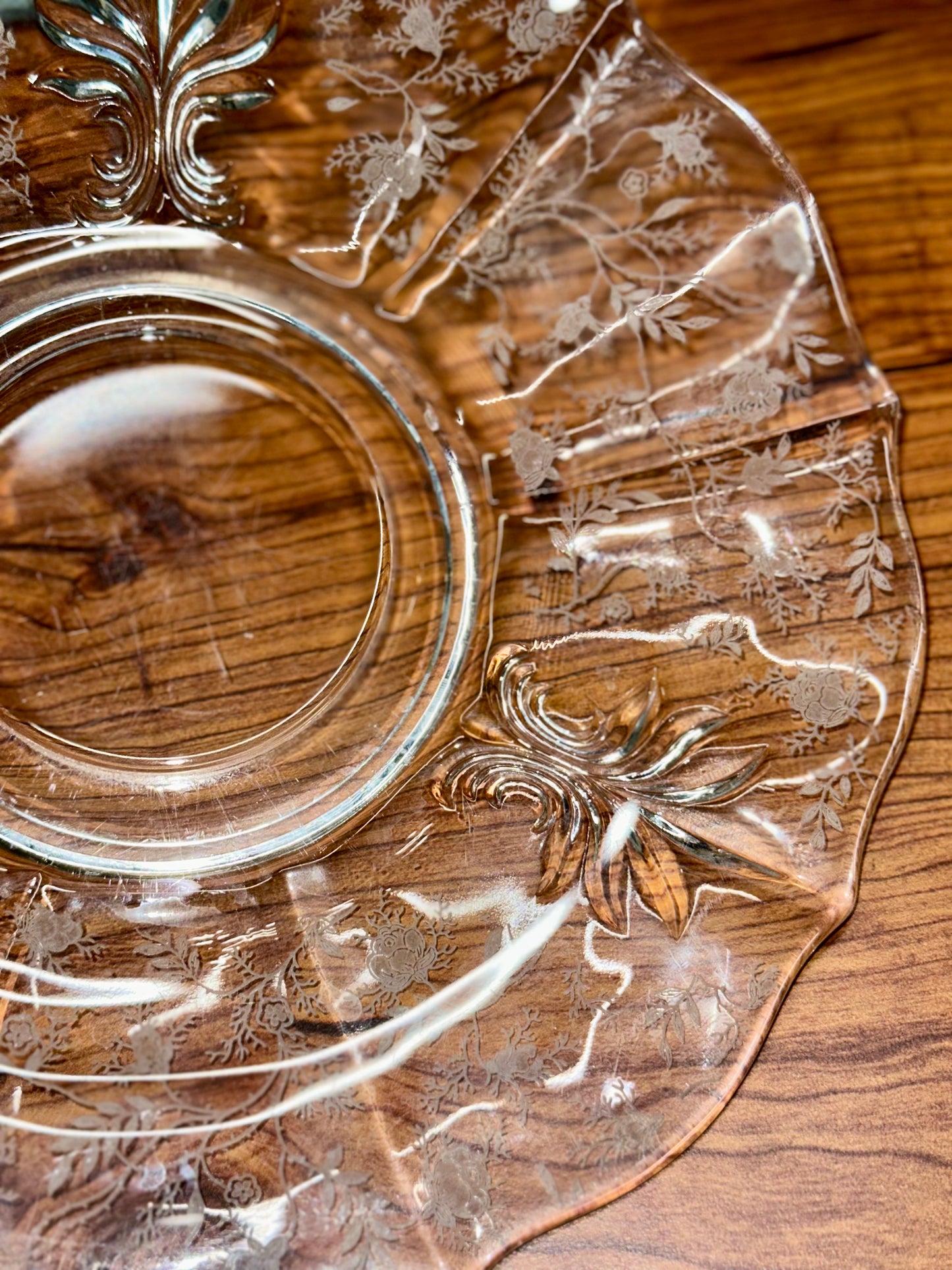 Vintage floral clear glass serving plate