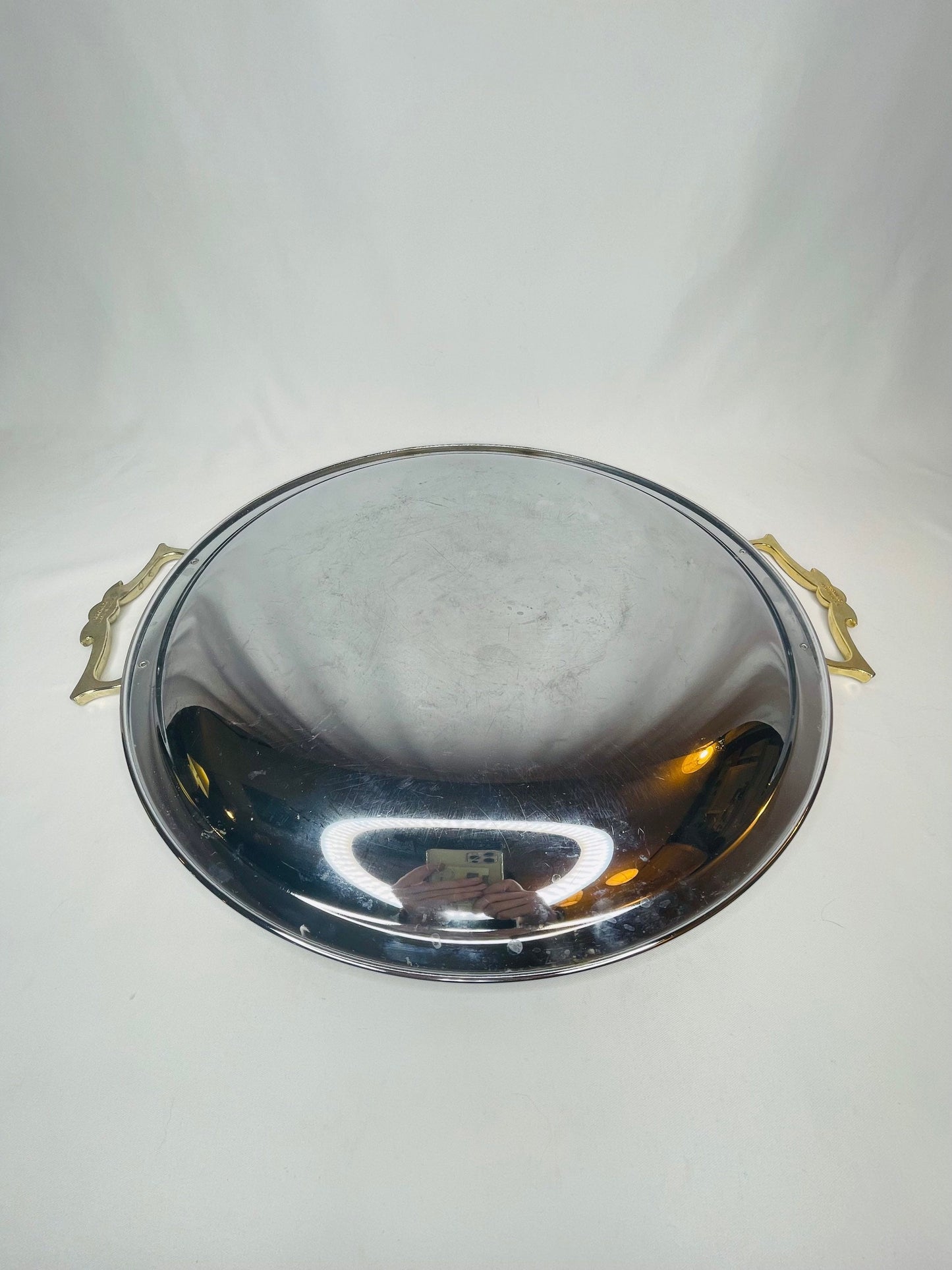 Vintage Large Silver Platter With Brass Handles
