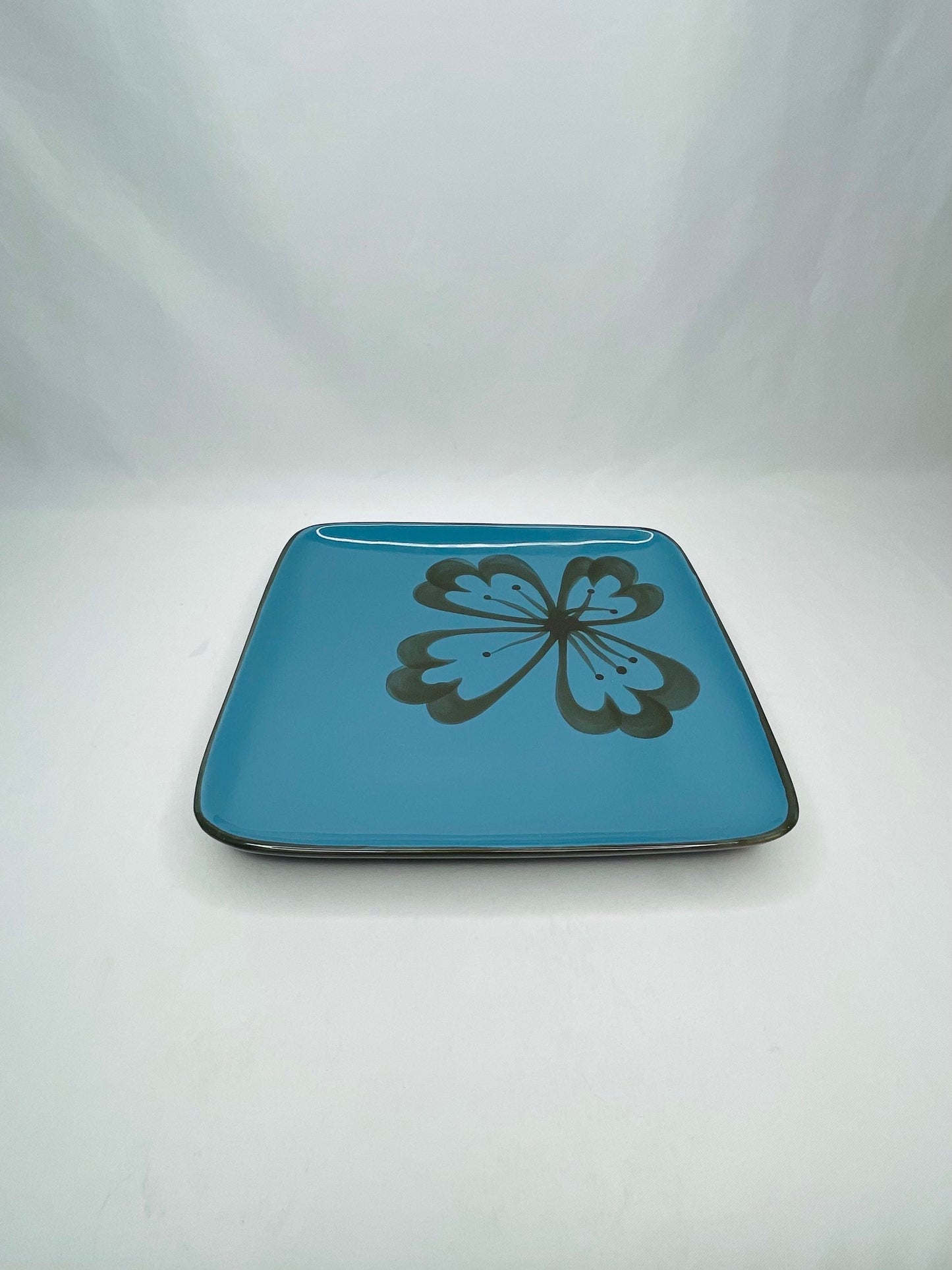 Blue And Brown Square Plate With Flower, Pier 1 Stoneware Exclusive Hibiscus