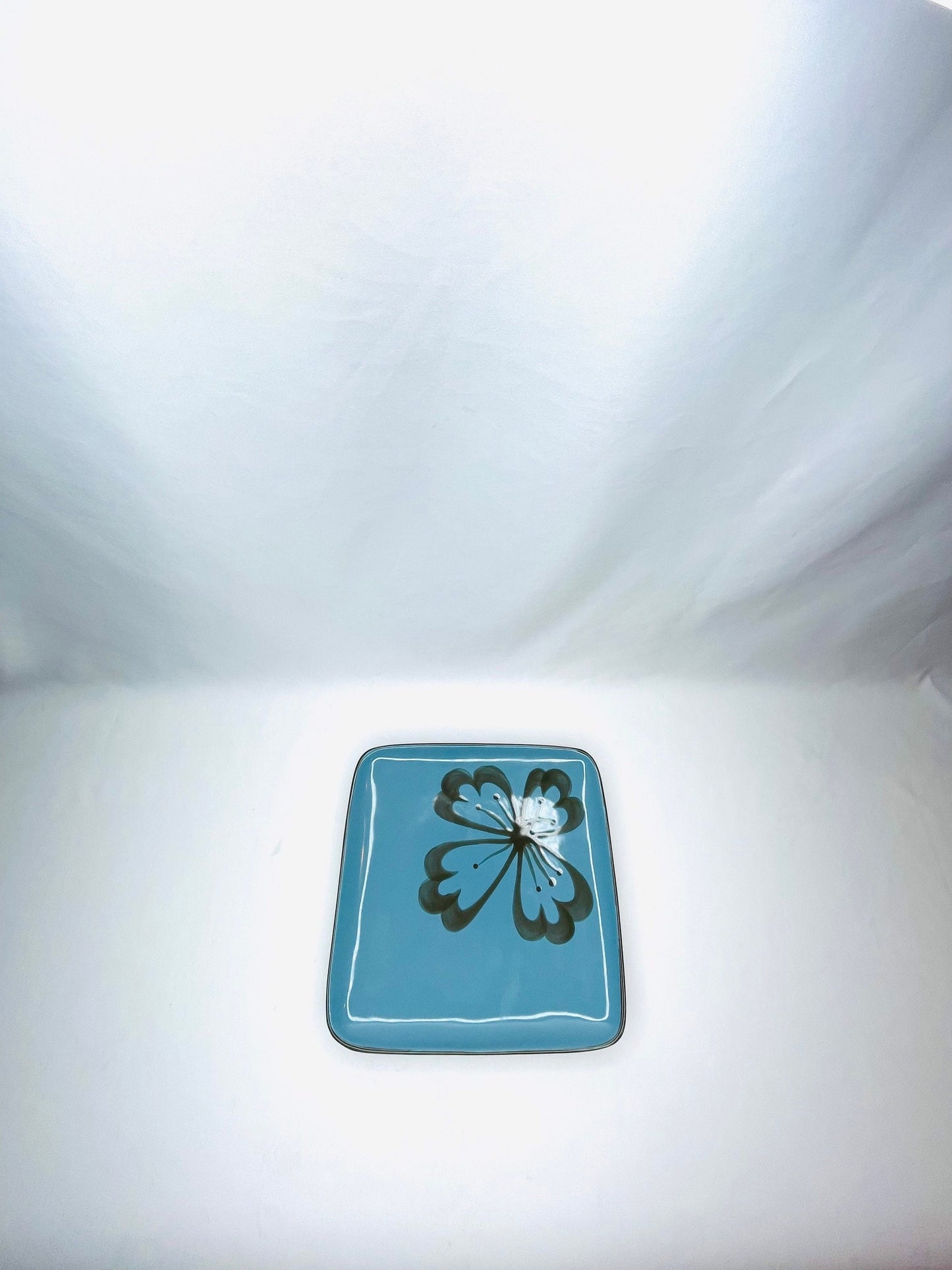 Blue And Brown Square Plate With Flower, Pier 1 Stoneware Exclusive Hibiscus