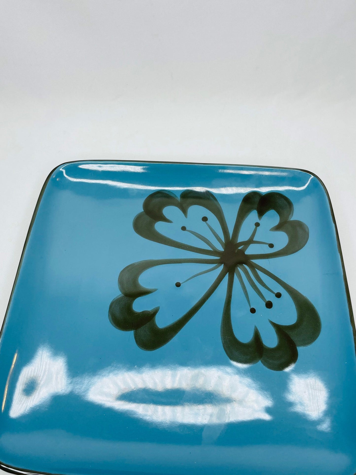 Blue And Brown Square Plate With Flower, Pier 1 Stoneware Exclusive Hibiscus