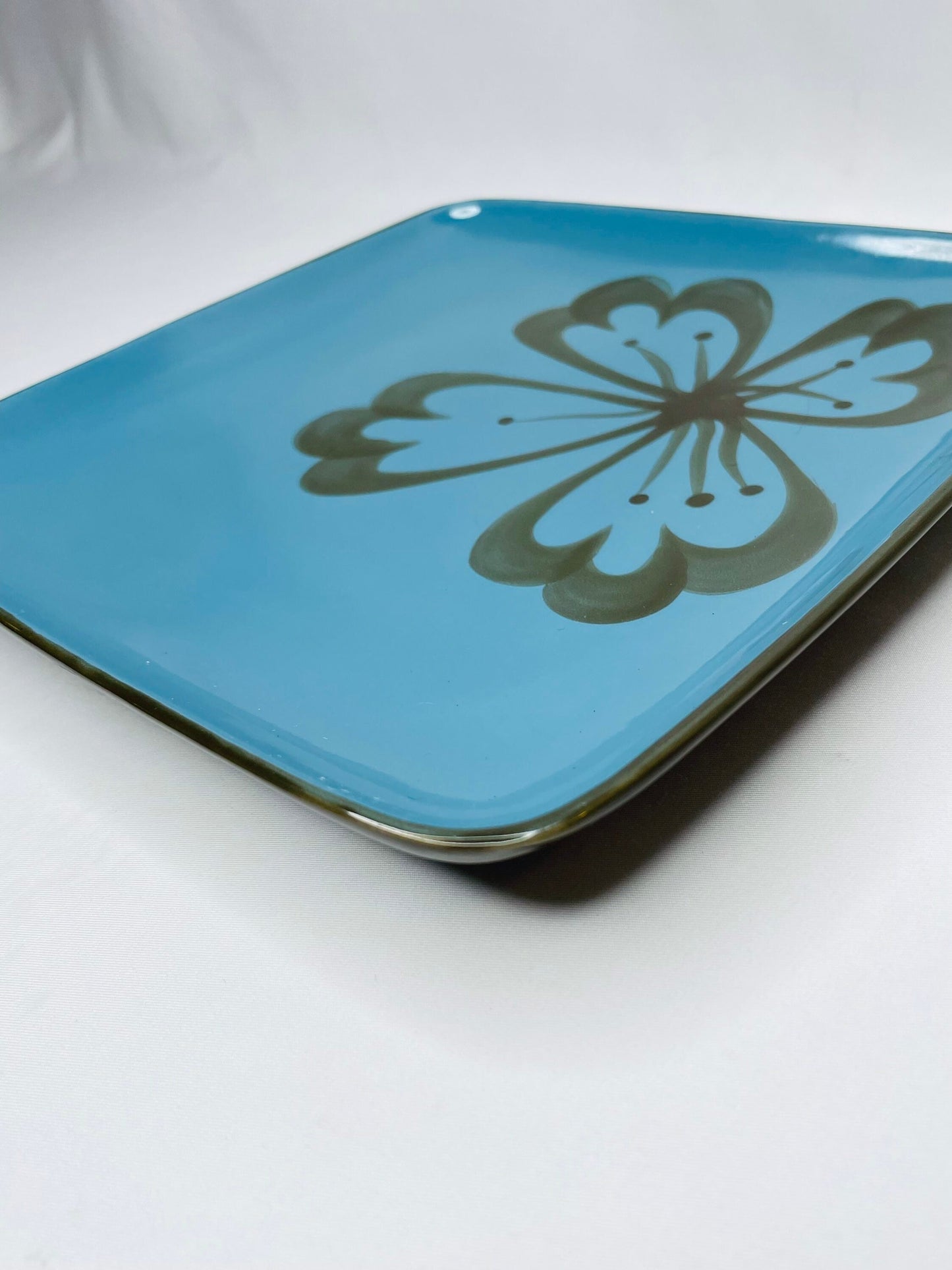 Blue And Brown Square Plate With Flower, Pier 1 Stoneware Exclusive Hibiscus