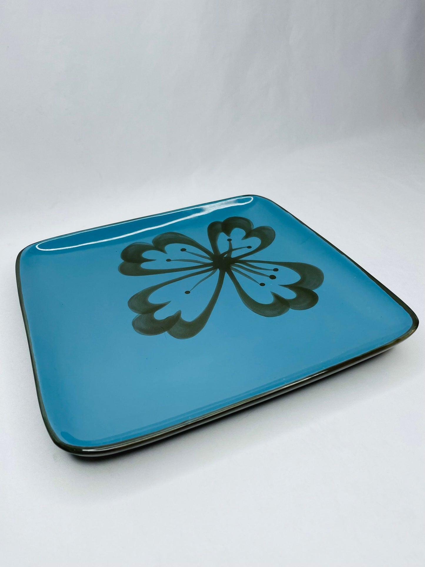 Blue And Brown Square Plate With Flower, Pier 1 Stoneware Exclusive Hibiscus