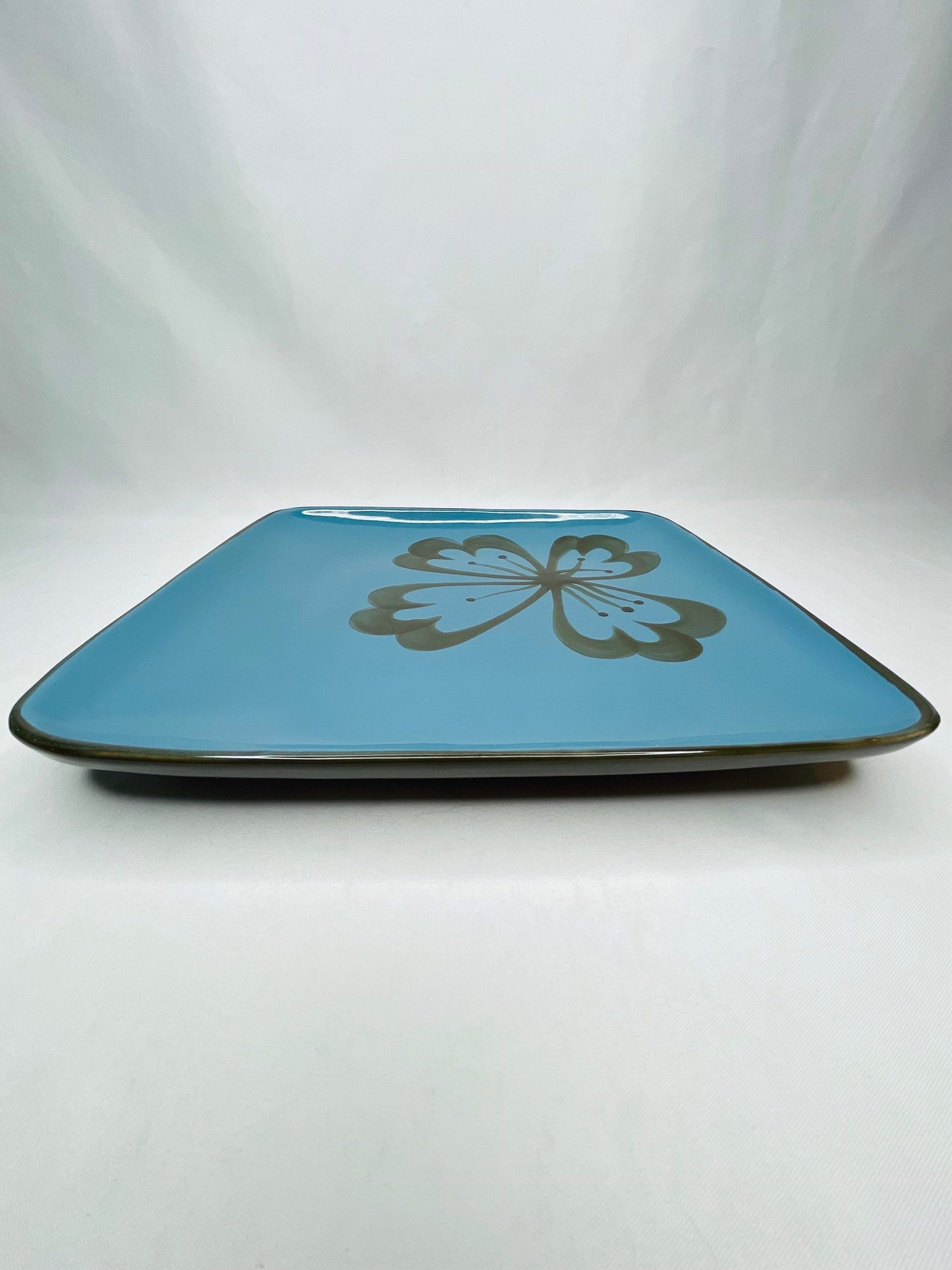 Blue And Brown Square Plate With Flower, Pier 1 Stoneware Exclusive Hibiscus