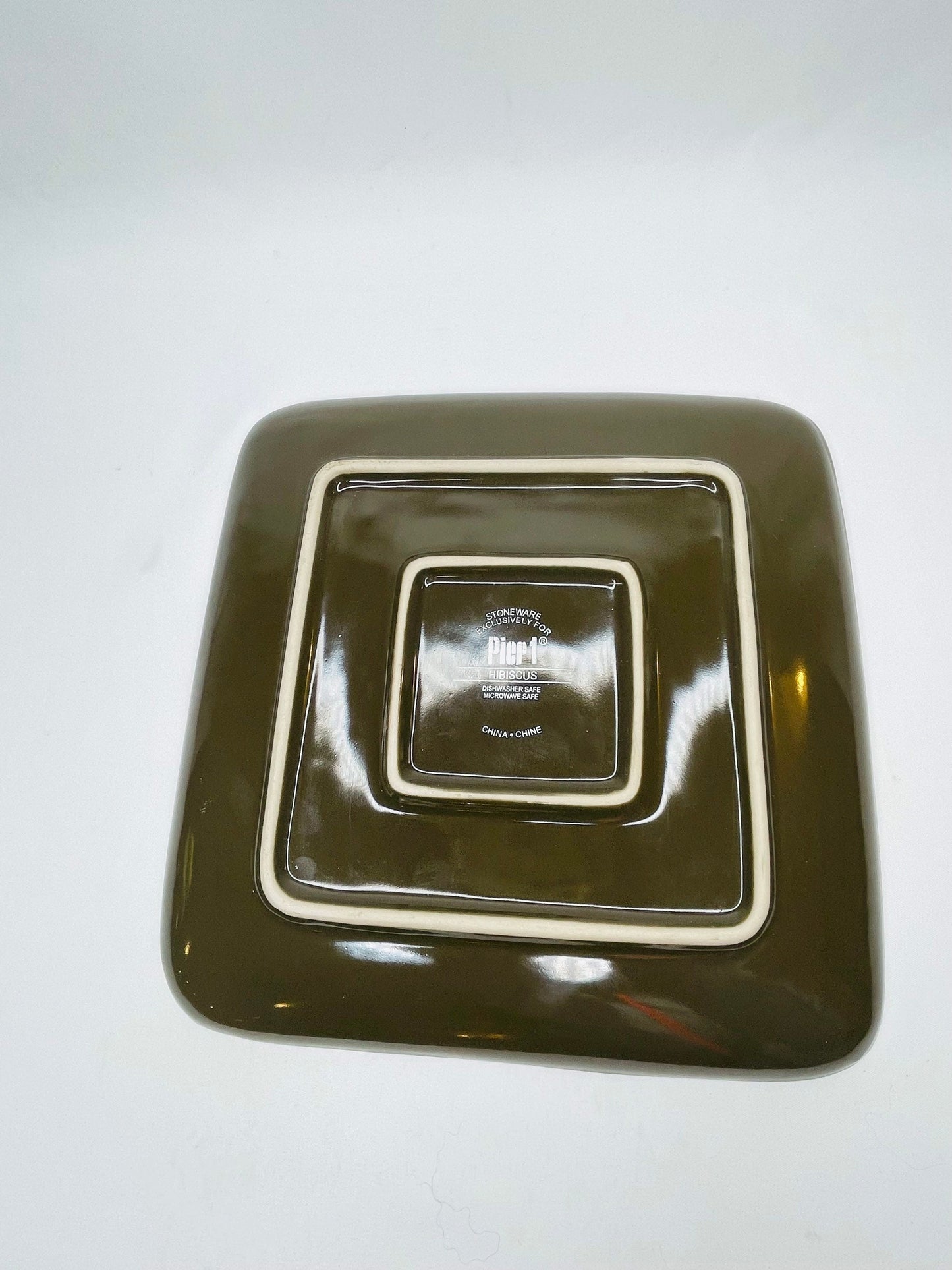 Blue And Brown Square Plate With Flower, Pier 1 Stoneware Exclusive Hibiscus