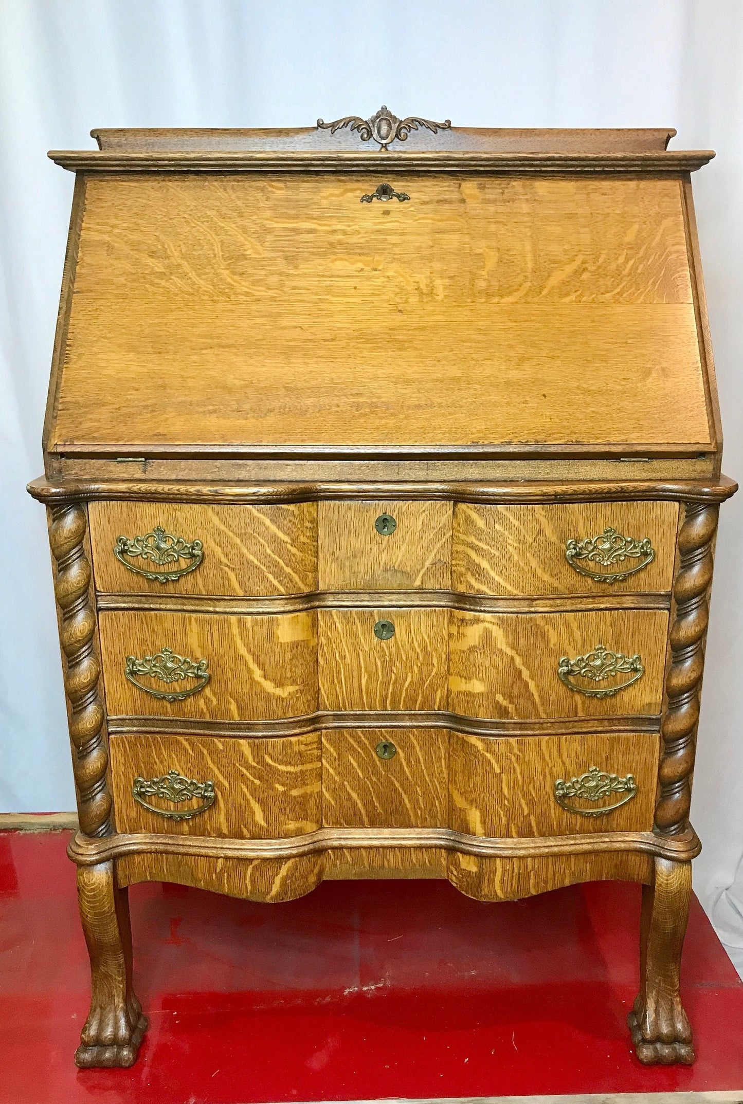 Antique Tiger Oak Drop Front Secretary Desk