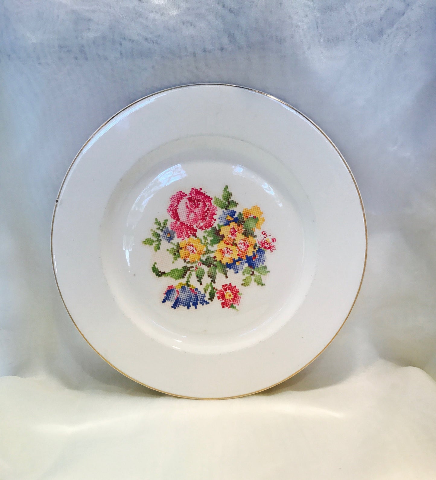 Gold trim needlepoint china plate