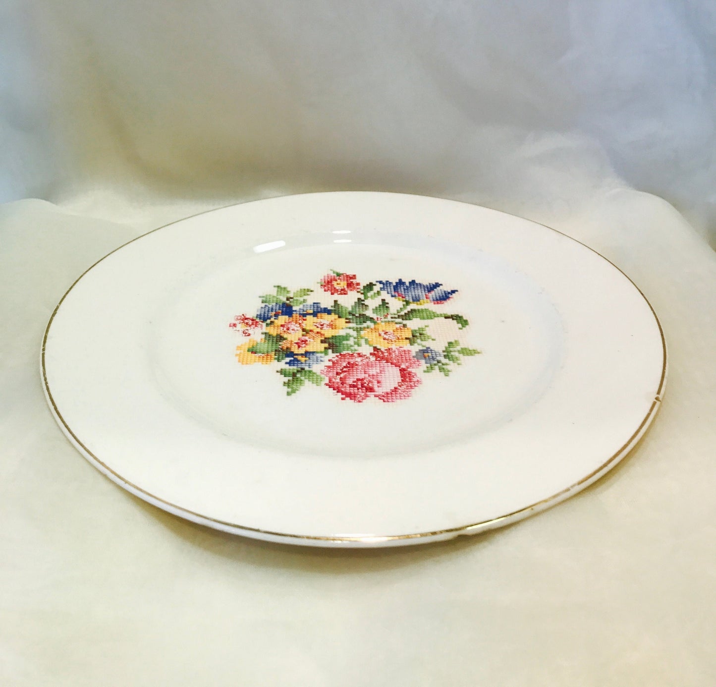 Gold trim needlepoint china plate