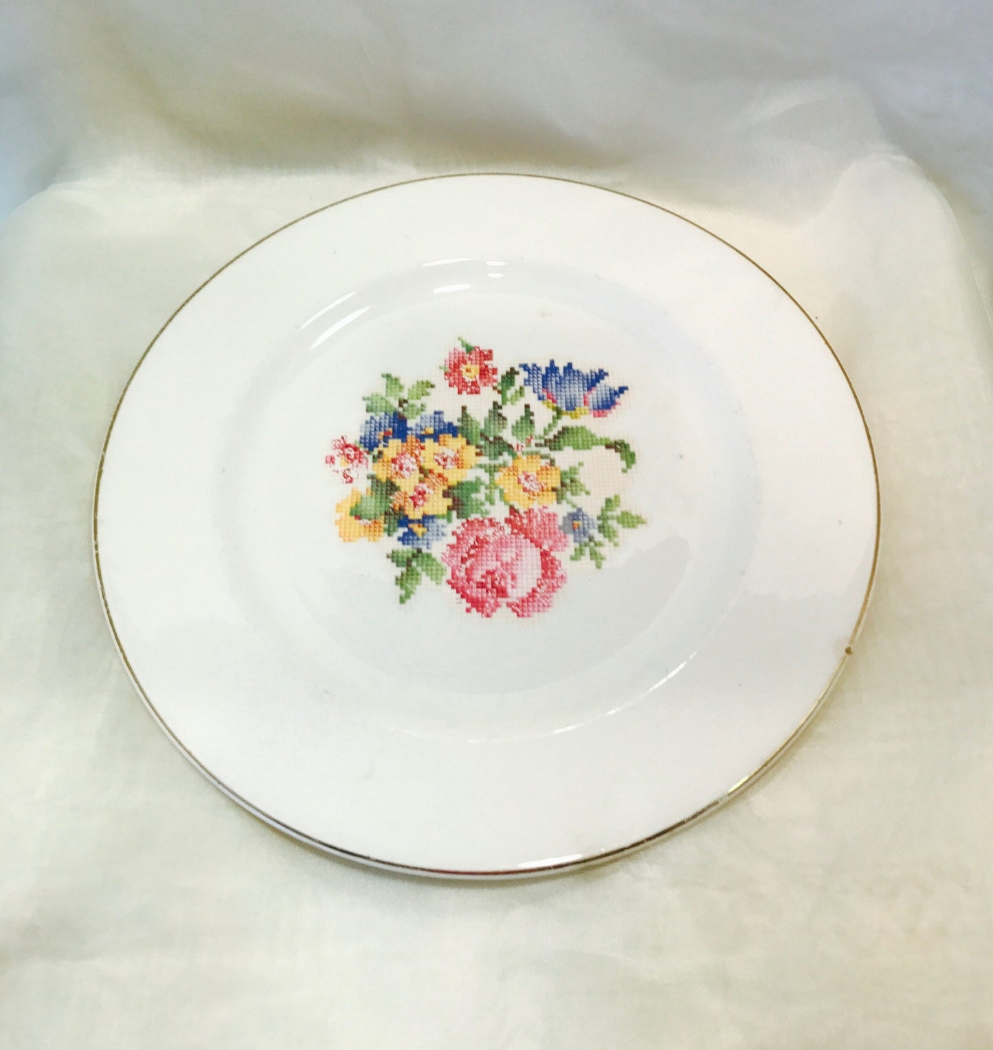 Gold trim needlepoint china plate