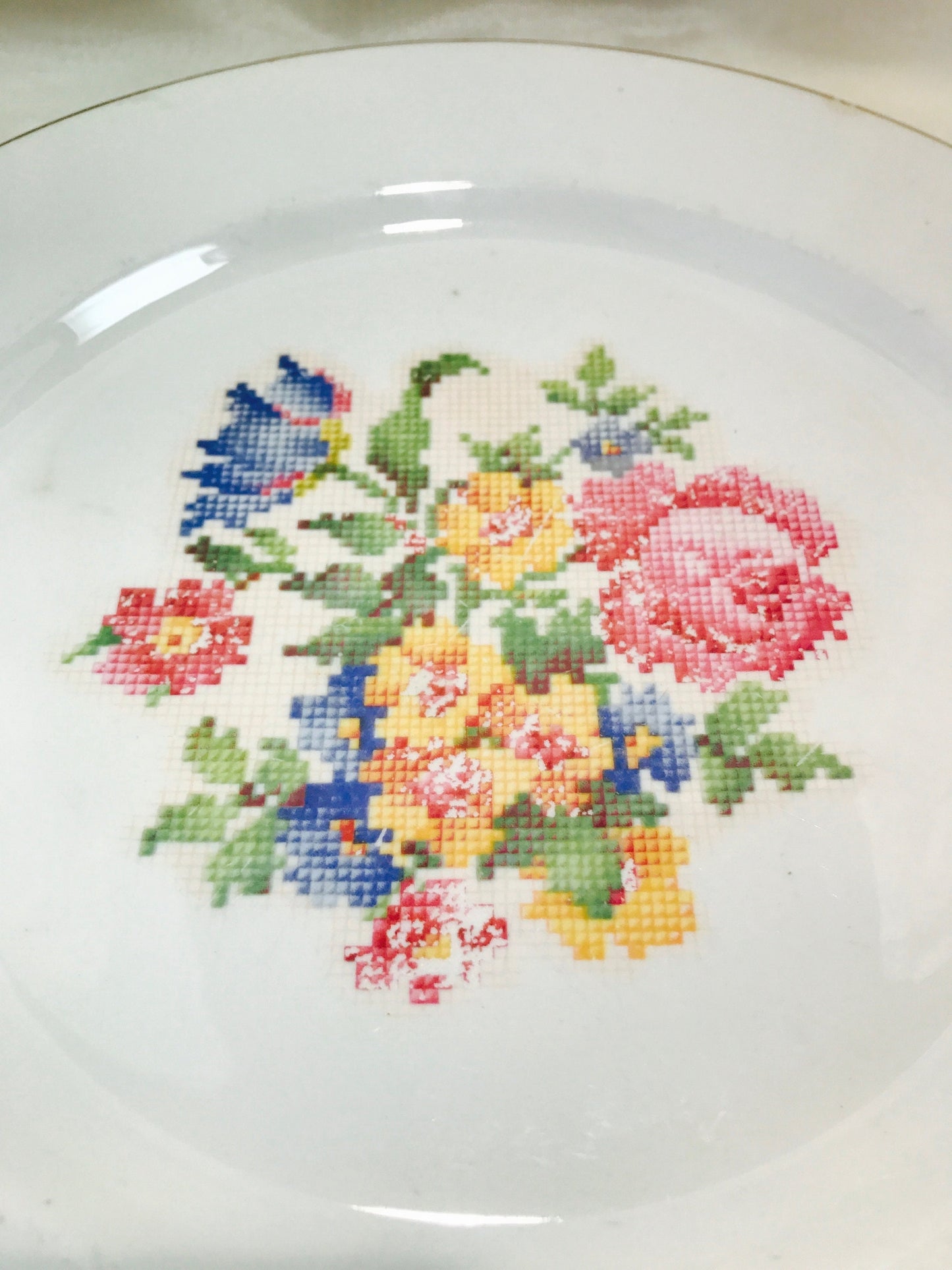 Gold trim needlepoint china plate