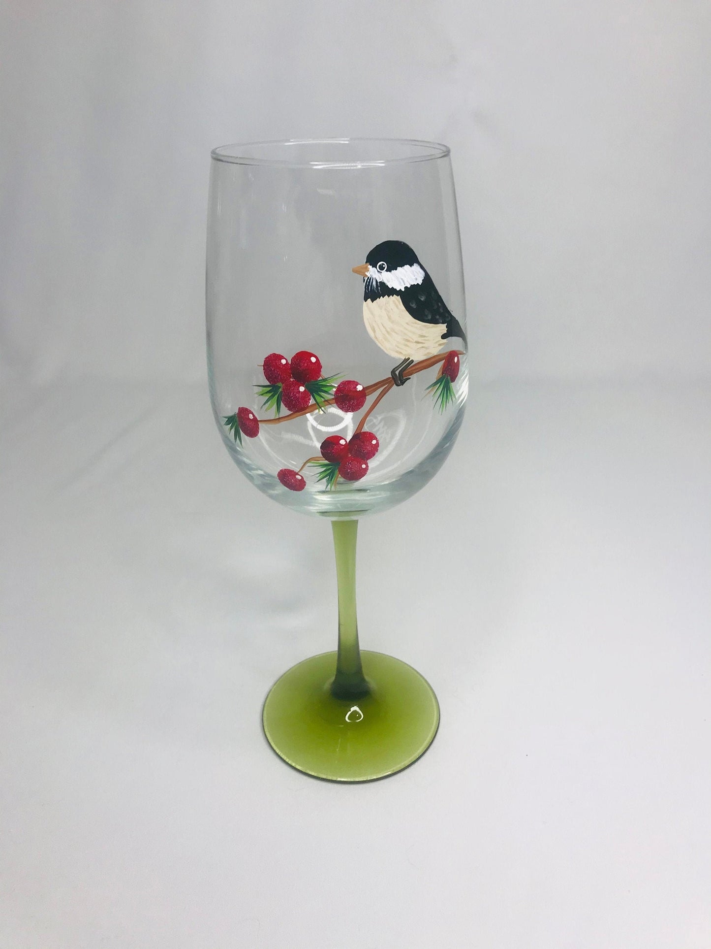 Hand-painted chickadee wine/water/juice glass by sms