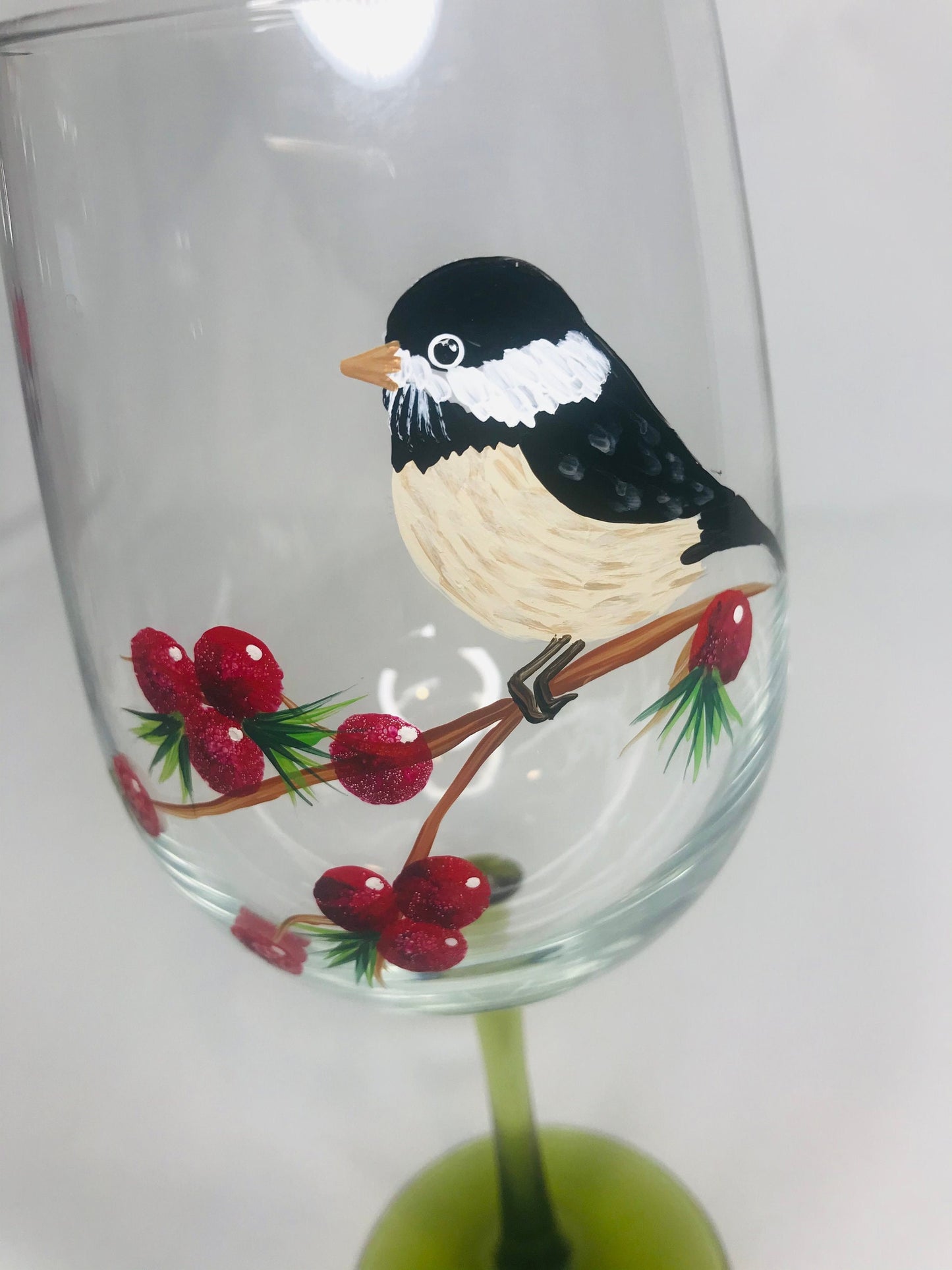 Hand-painted chickadee wine/water/juice glass by sms