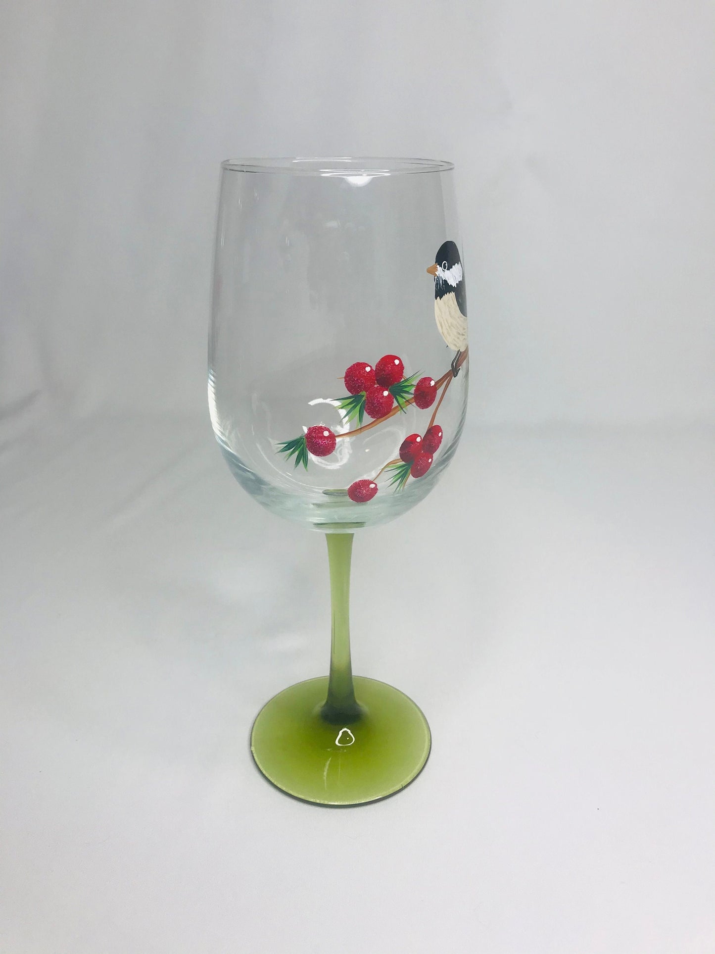 Hand-painted chickadee wine/water/juice glass by sms