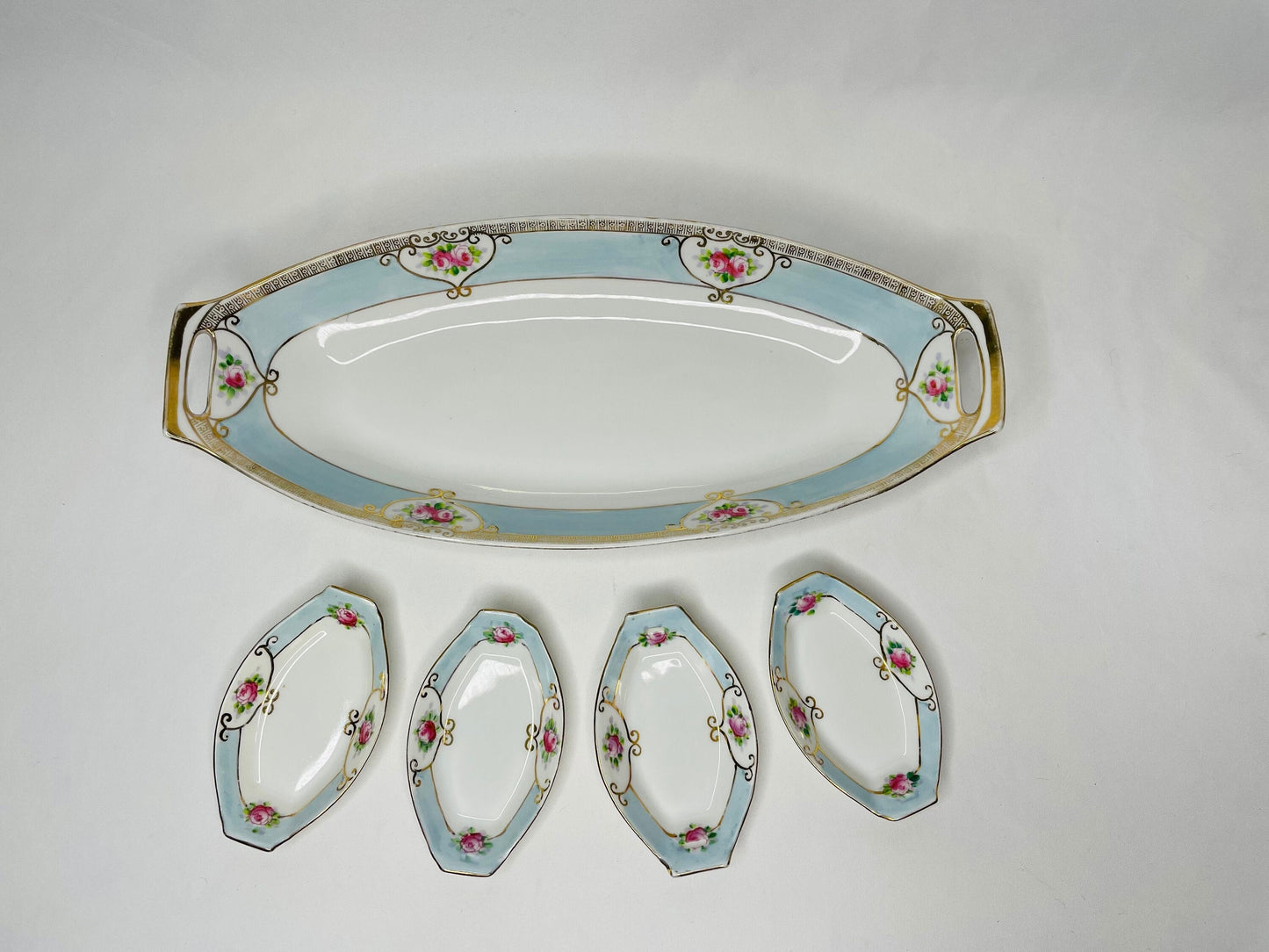Nippon Hand Painted Oval Bread Serving Tray/Celery Dish with 4 Dipping Trays