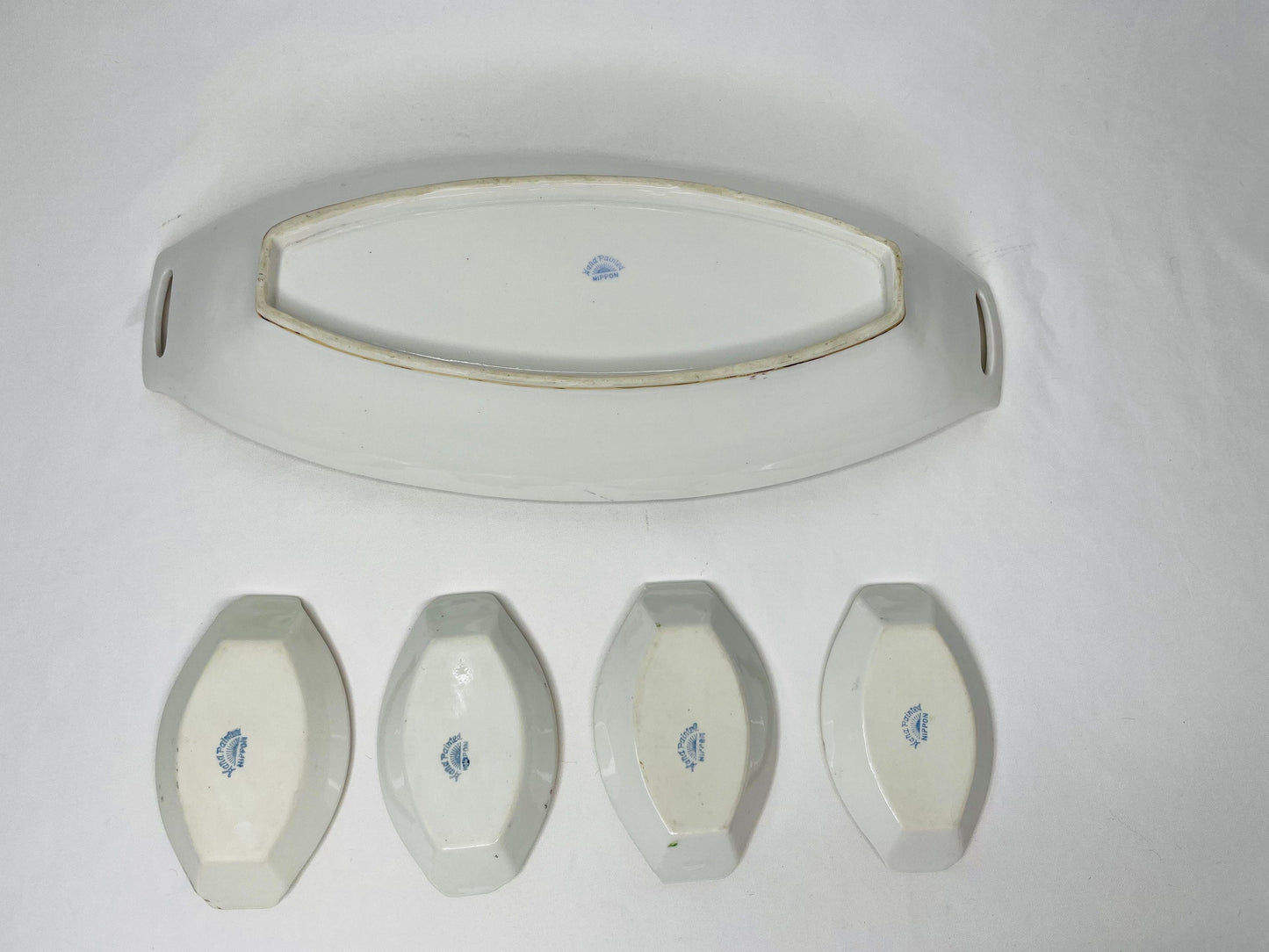 Nippon Hand Painted Oval Bread Serving Tray/Celery Dish with 4 Dipping Trays