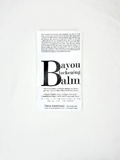 Bayou Blackening Balm product card with ingredients and cooking directions