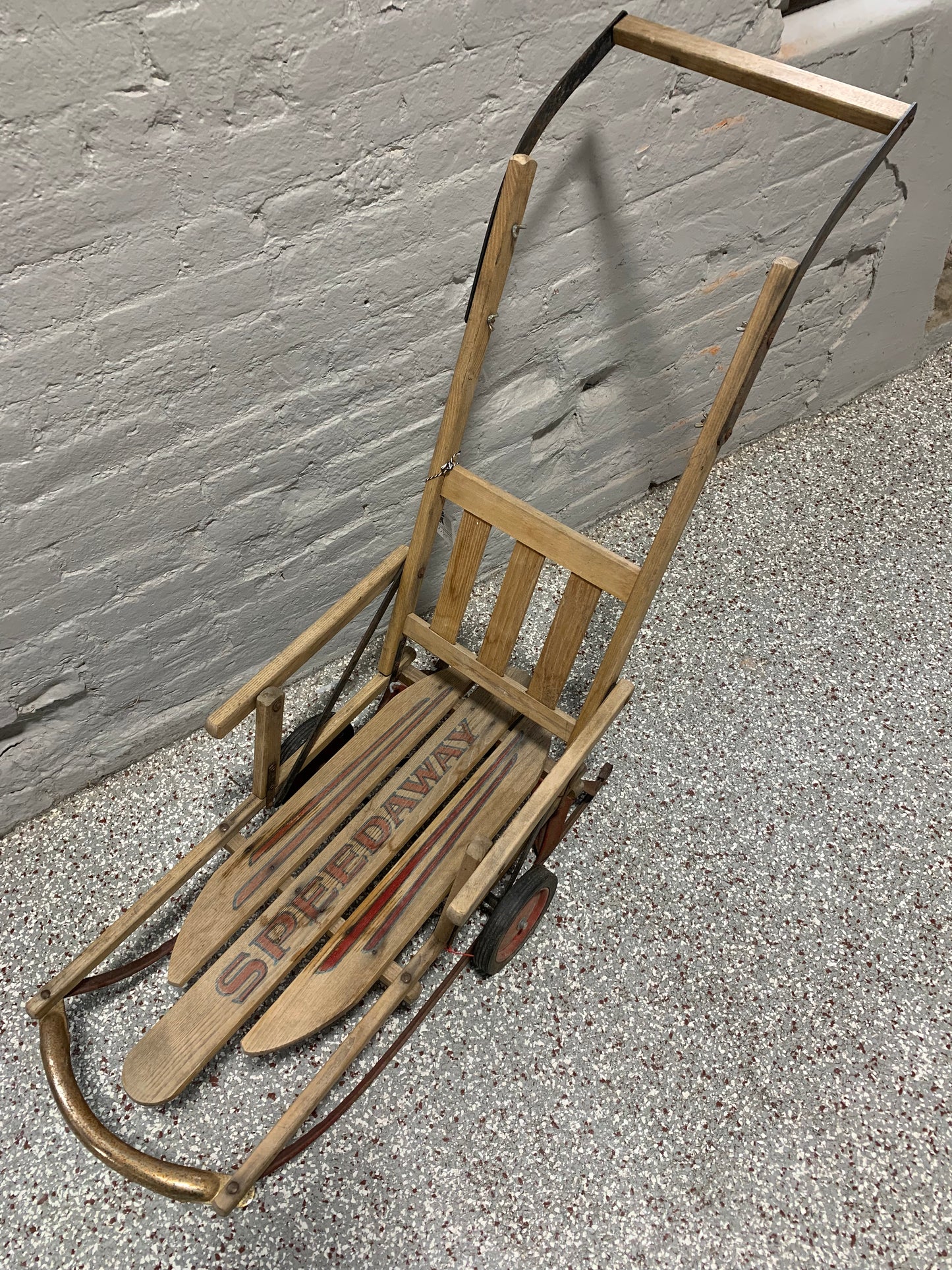 Vintage Childs Speedway Wooden Sled with Handle Bar, Wheels, and Armrests