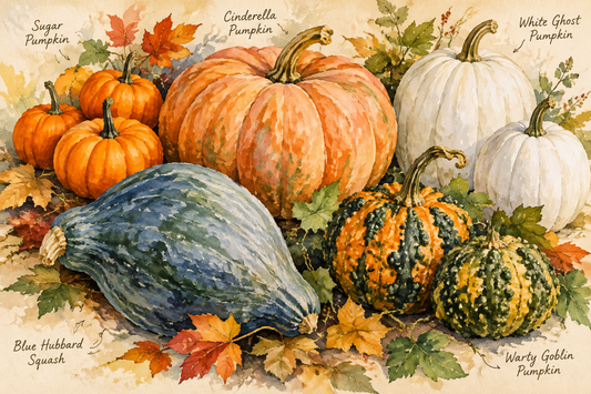 PumpkinAssorted orange, white, and blue-gray pumpkins in different shapes and sizes.