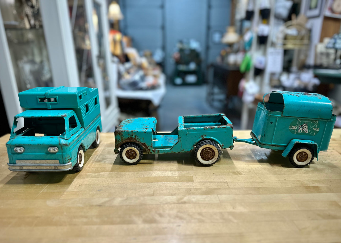 1960’s Structo Toy Camper Truck and Toy Jeep with Horse Trailer